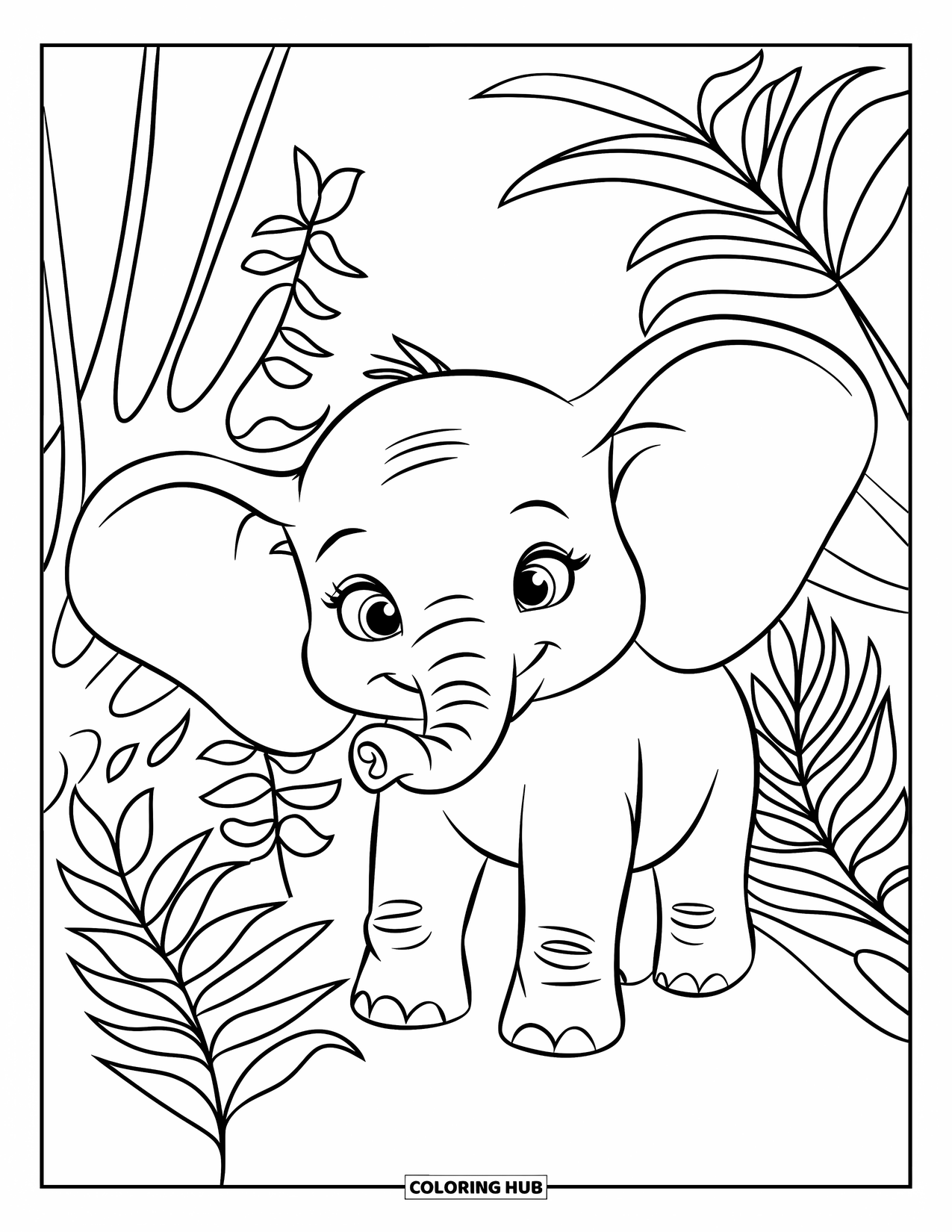 Baby Elephant Coloring Page for Kids: Baby elephant peeks from the greenery in a dense, leafy jungle scene