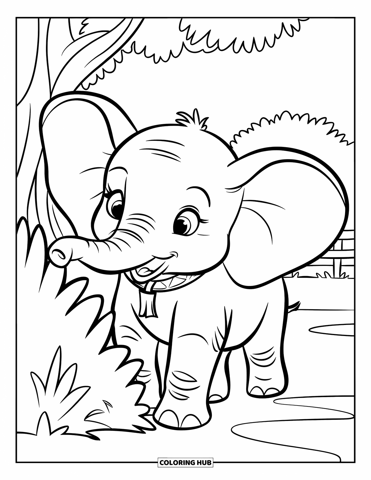 Baby Elephant Coloring Page for Kids: Baby elephant peeks playfully from a bush near a fence