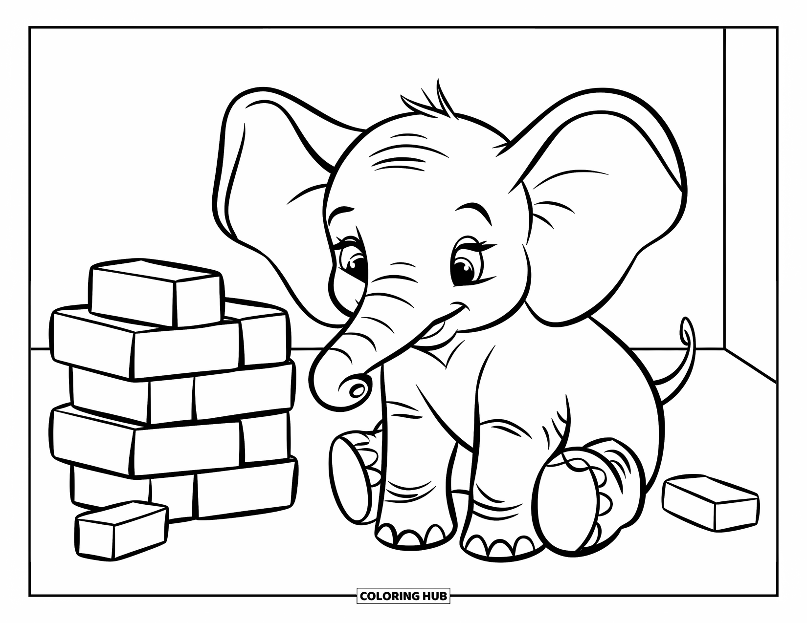 Baby Elephant Coloring Page for Kids: Baby elephant plays with blocks scattered around the ground