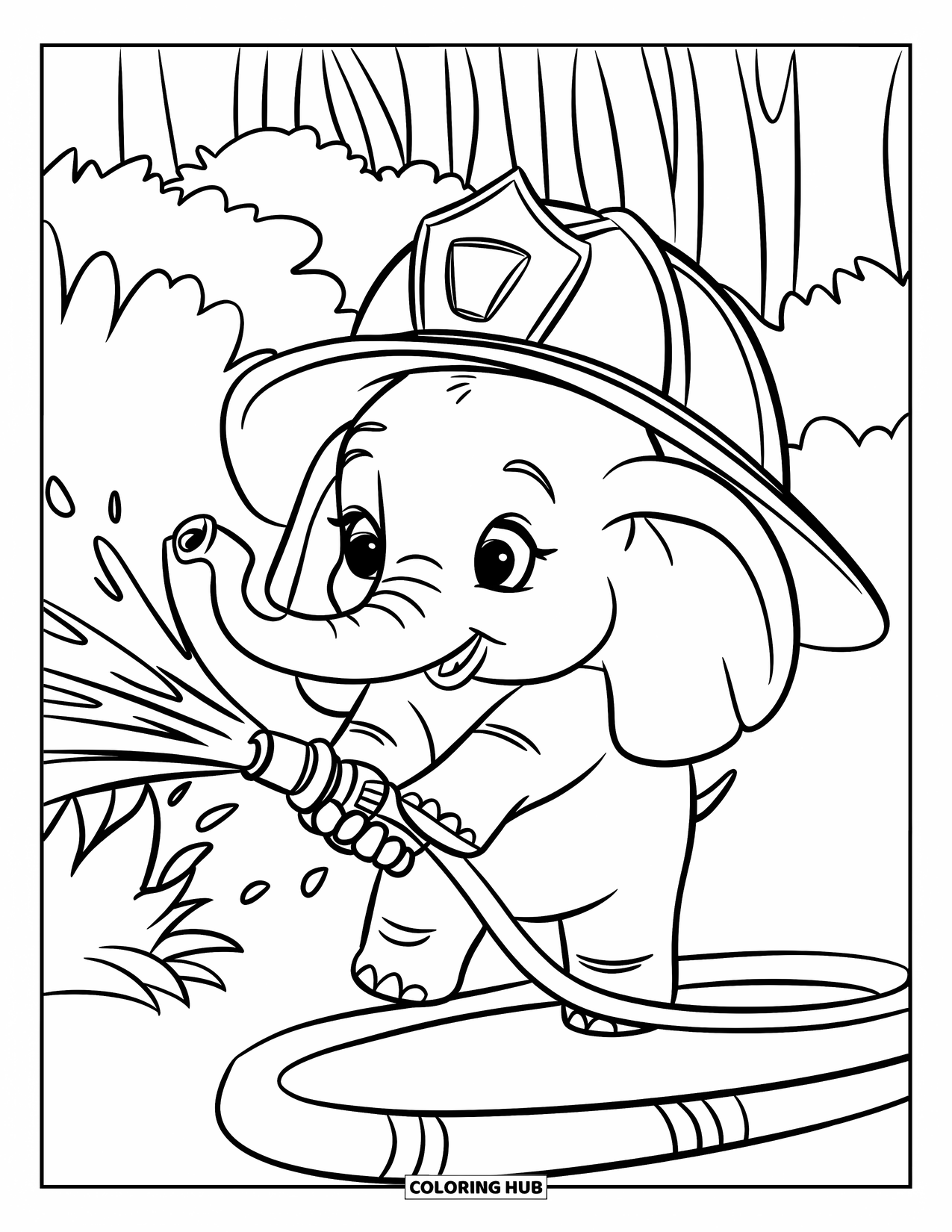 Baby Elephant Coloring Page for Kids: Baby elephant pretends to be a firefighter in the forest
