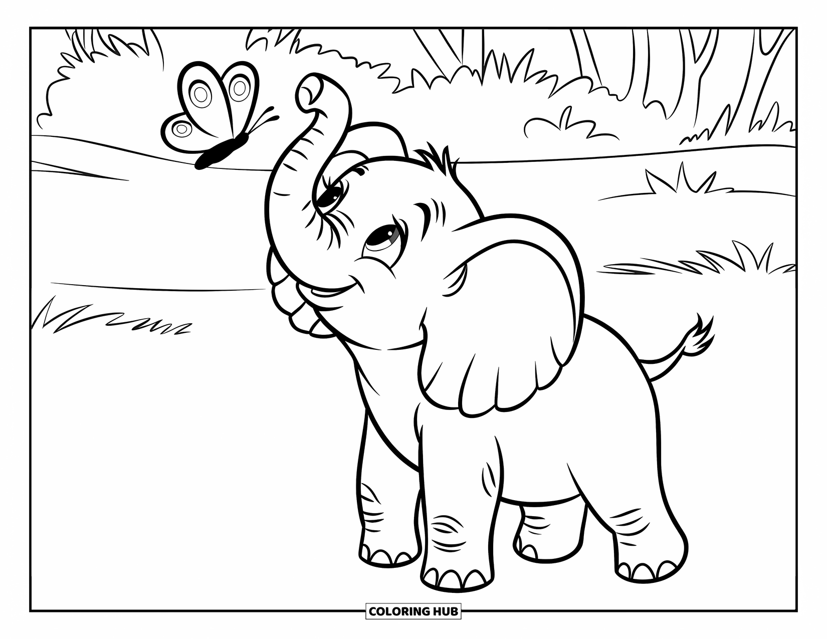 Baby Elephant Coloring Page for Kids: Baby elephant reaches up to a fluttering butterfly in a field