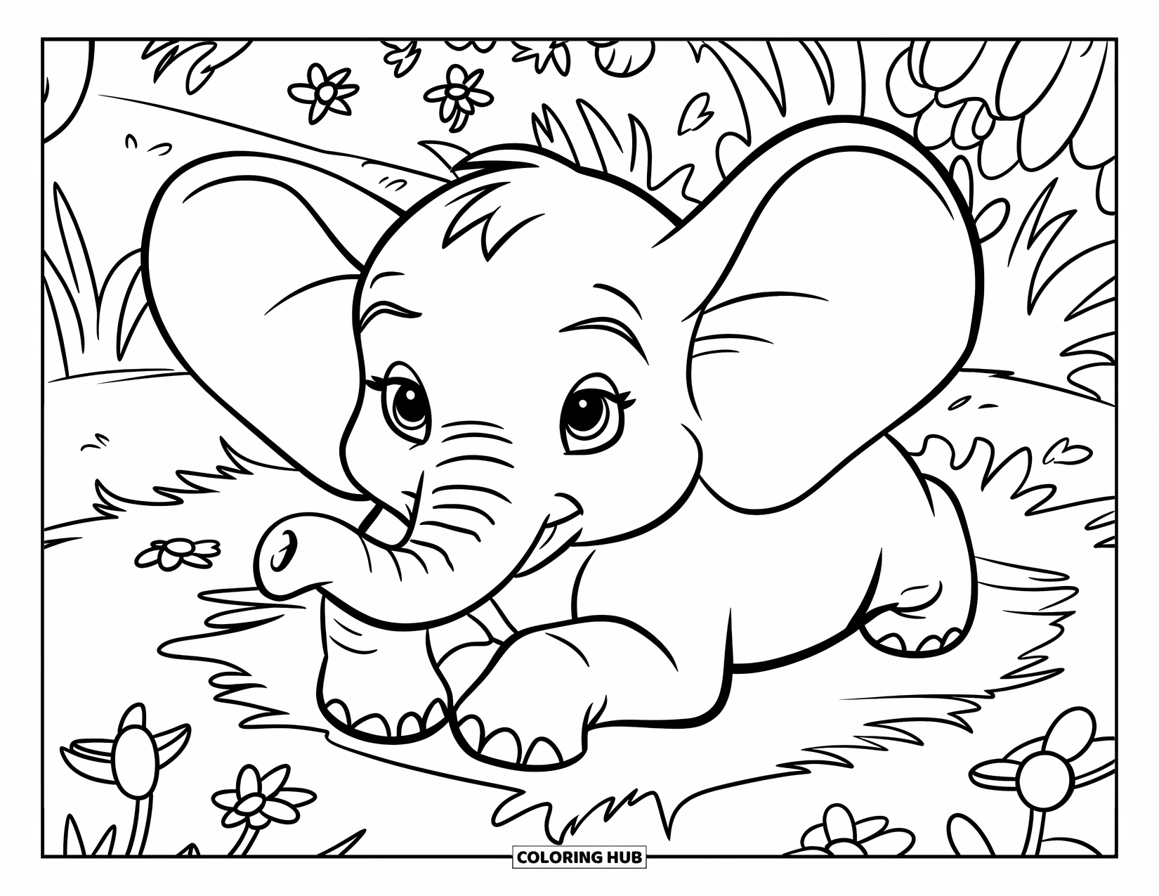 Baby Elephant Coloring Page for Kids: Baby elephant rests in a meadow full of blooming flowers and green grass