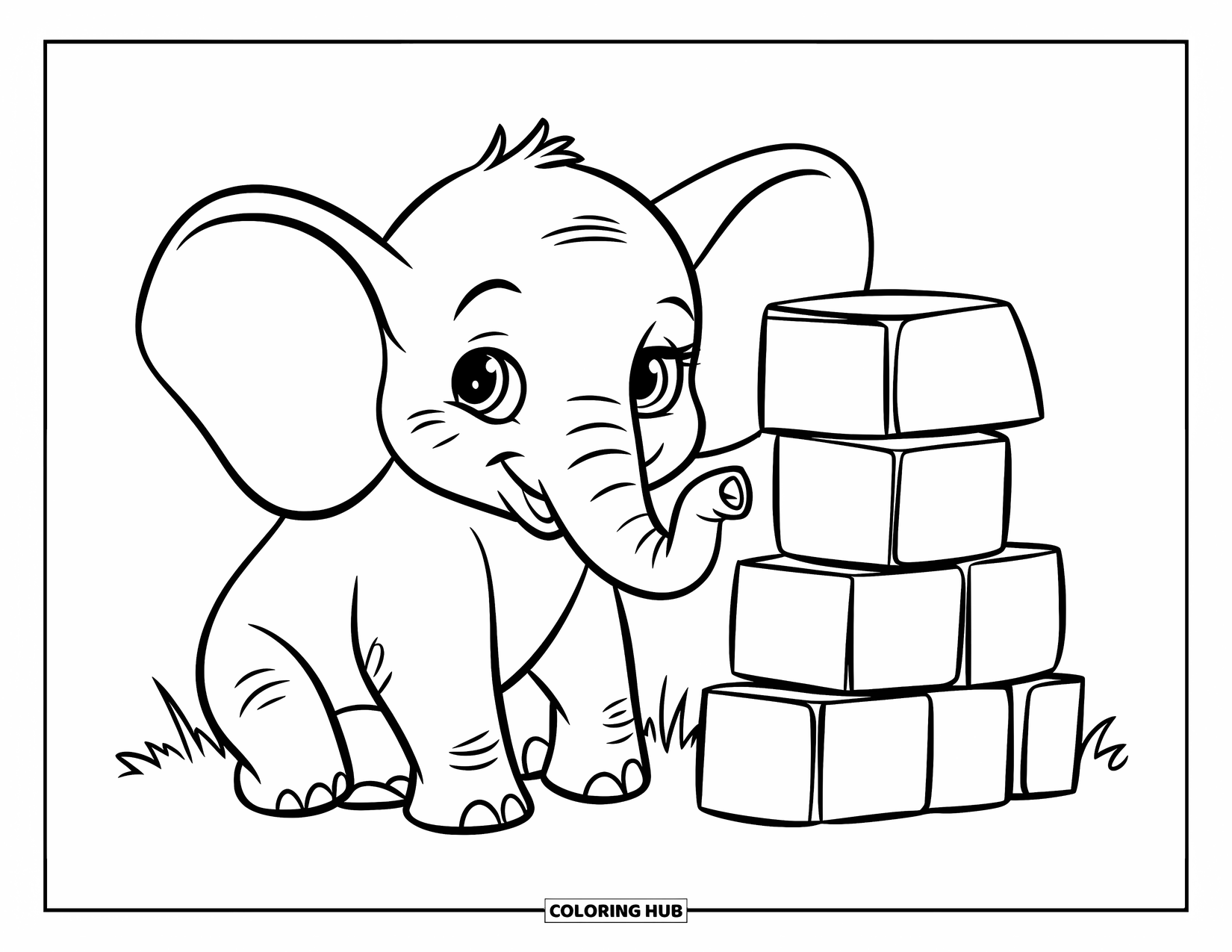 Baby Elephant Coloring Page for Kids: Baby elephant sits beside a stack of building blocks