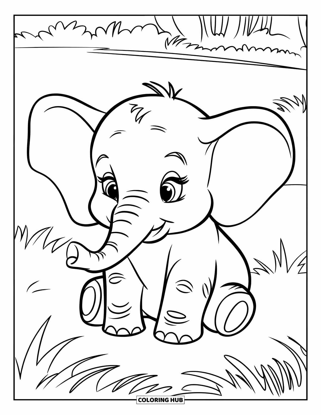 Baby Elephant Coloring Page for Kids: Baby elephant sits happily in grassy land with trees behind