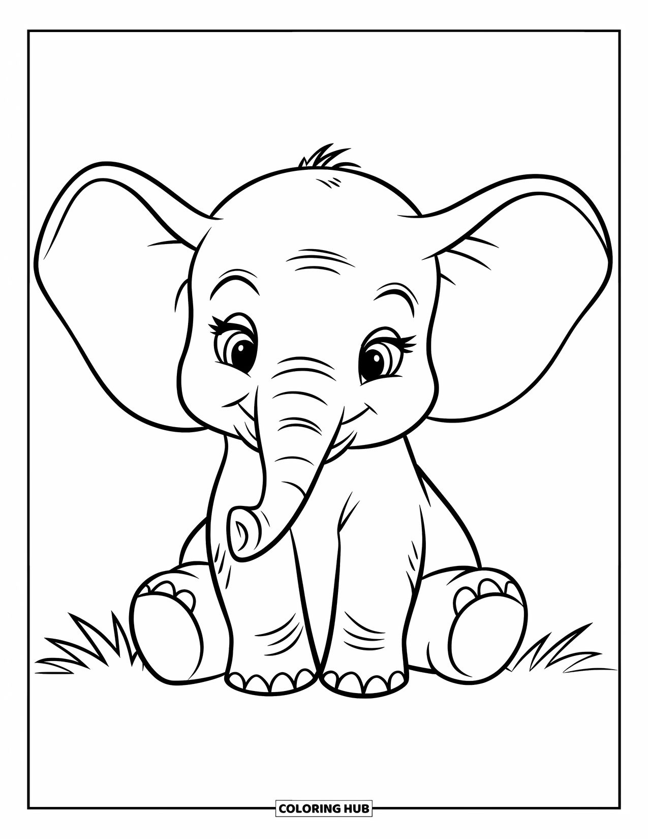 Baby Elephant Coloring Page for Kids: Baby elephant sits on the grass with big ears and a sweet smile