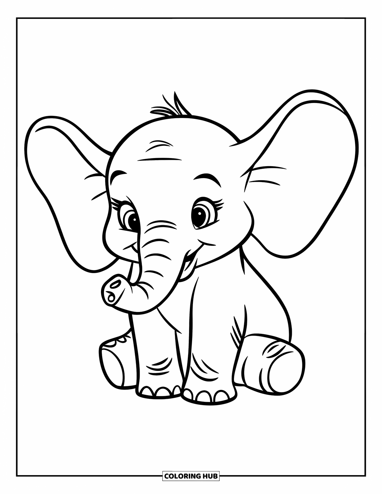 Baby Elephant Coloring Page for Kids: Baby elephant sits with a cheerful face and tiny trunk on white background
