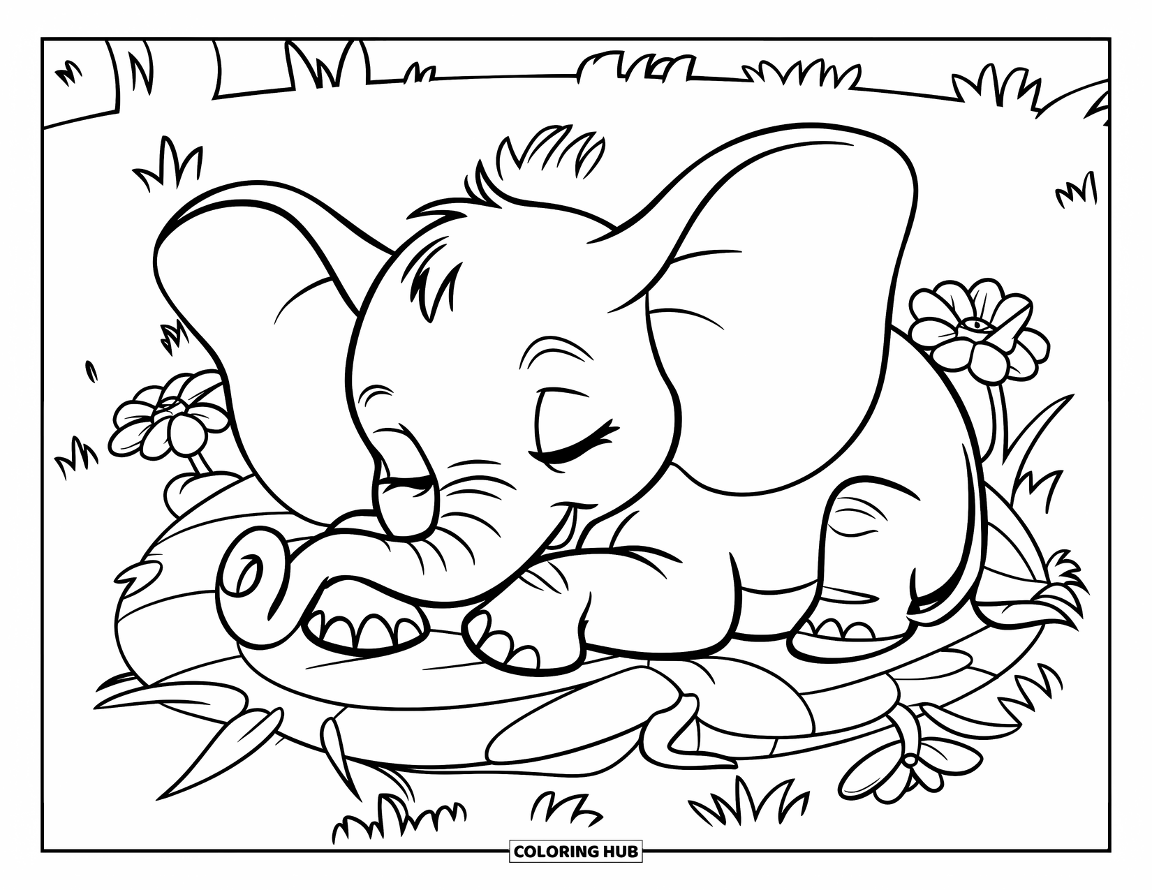 Baby Elephant Coloring Page for Kids: Baby elephant sleeps on soft flowers in a peaceful green meadow