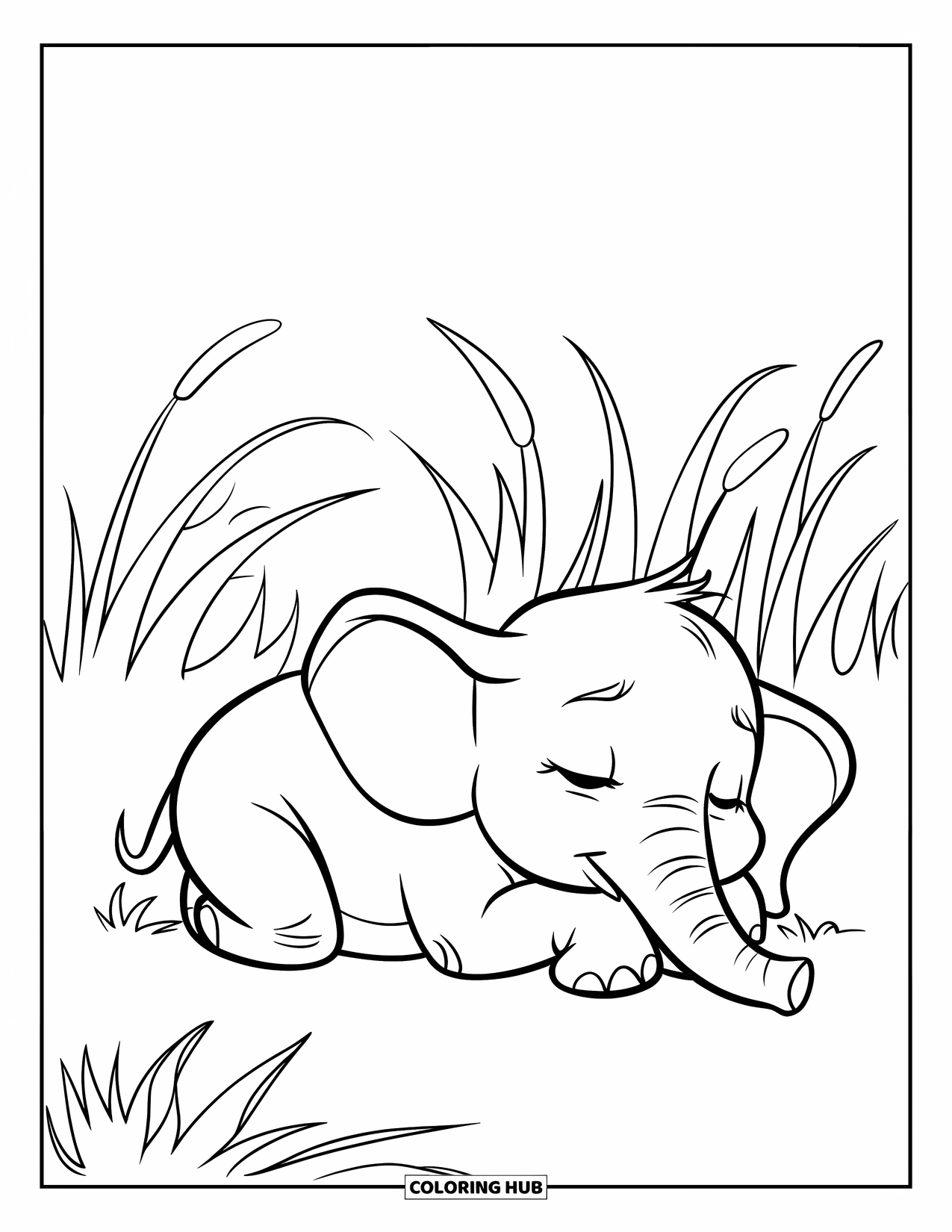 Baby Elephant Coloring Page for Kids: Baby elephant sleeps quietly in tall grass under a clear sky