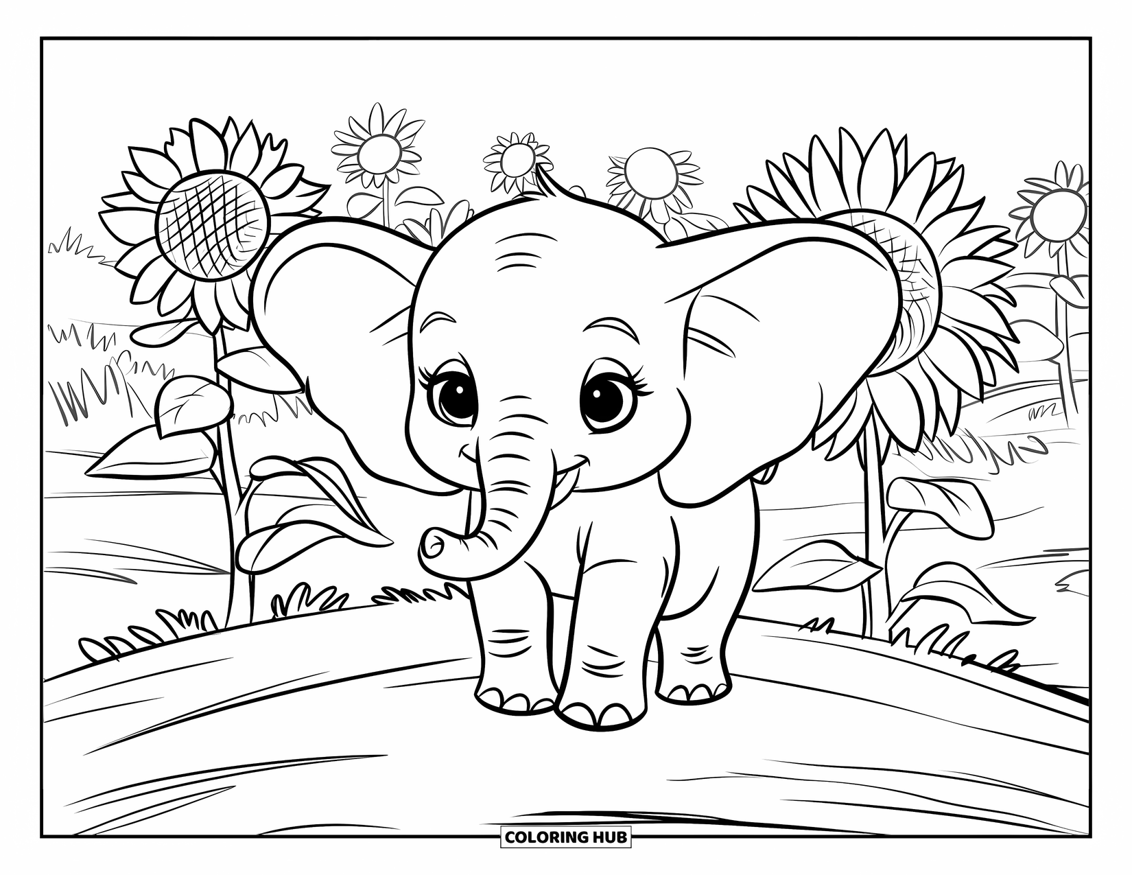 Baby Elephant Coloring Page for Kids: Baby elephant smiles in a field of sunflowers dancing with the wind