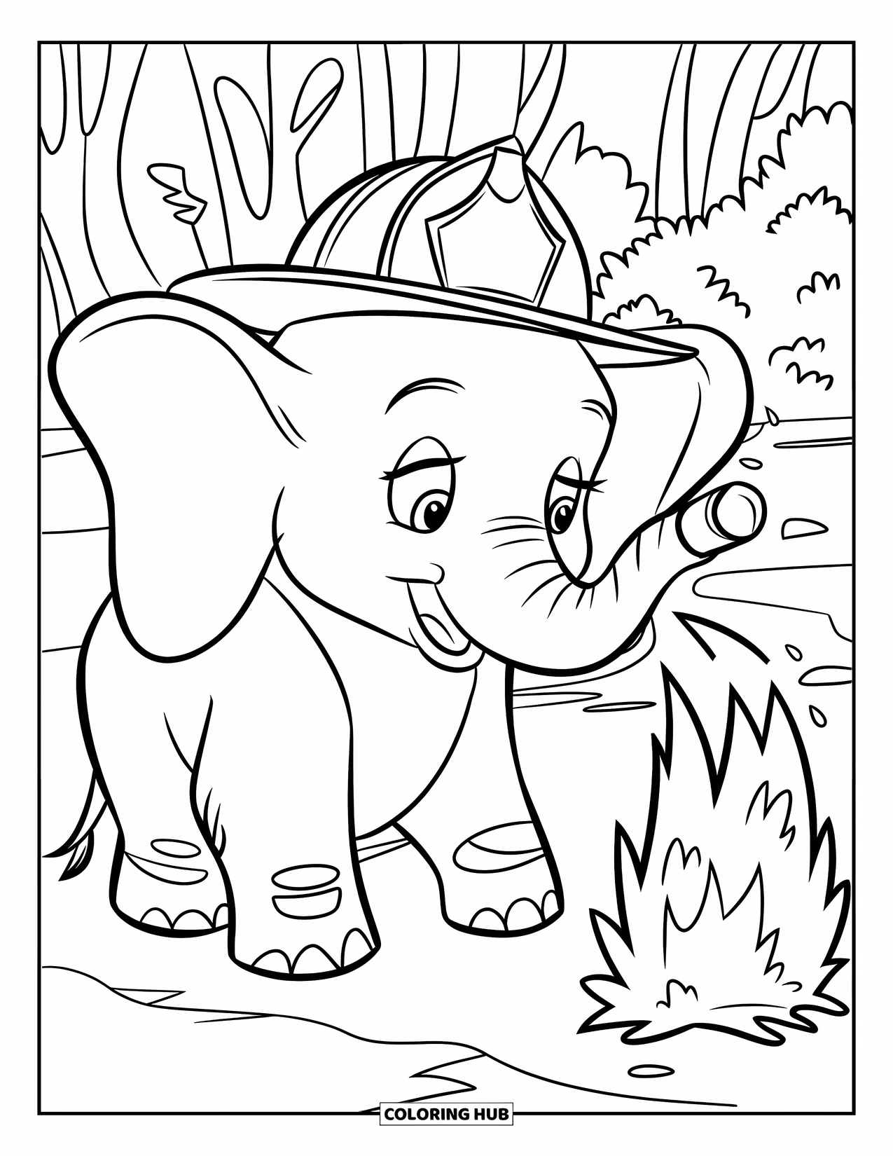 Baby Elephant Coloring Page for Kids: Baby elephant sprays water at a fire wearing a firefighter's hat