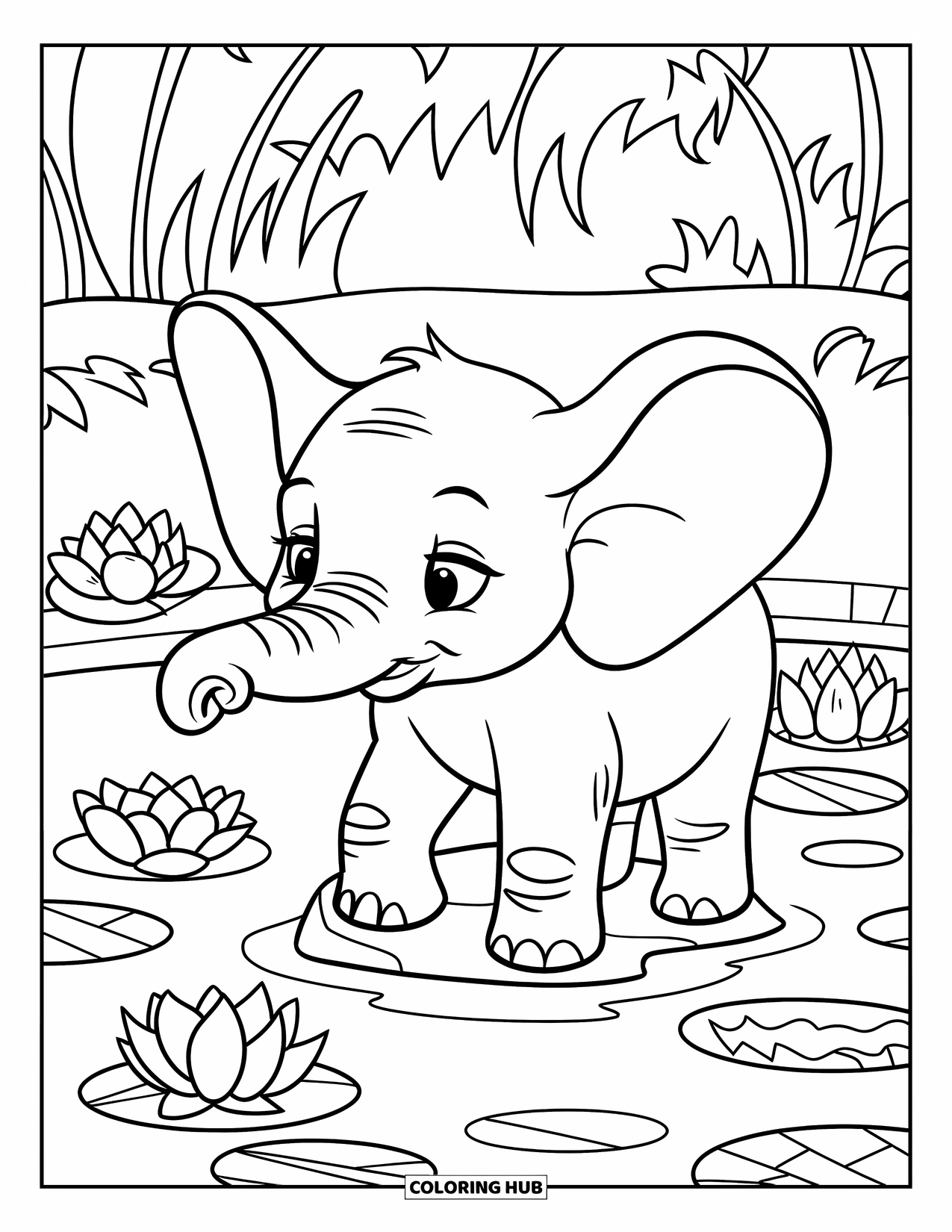 Baby Elephant Coloring Page for Kids: Baby elephant stands in a pond surrounded by blooming lotus flowers