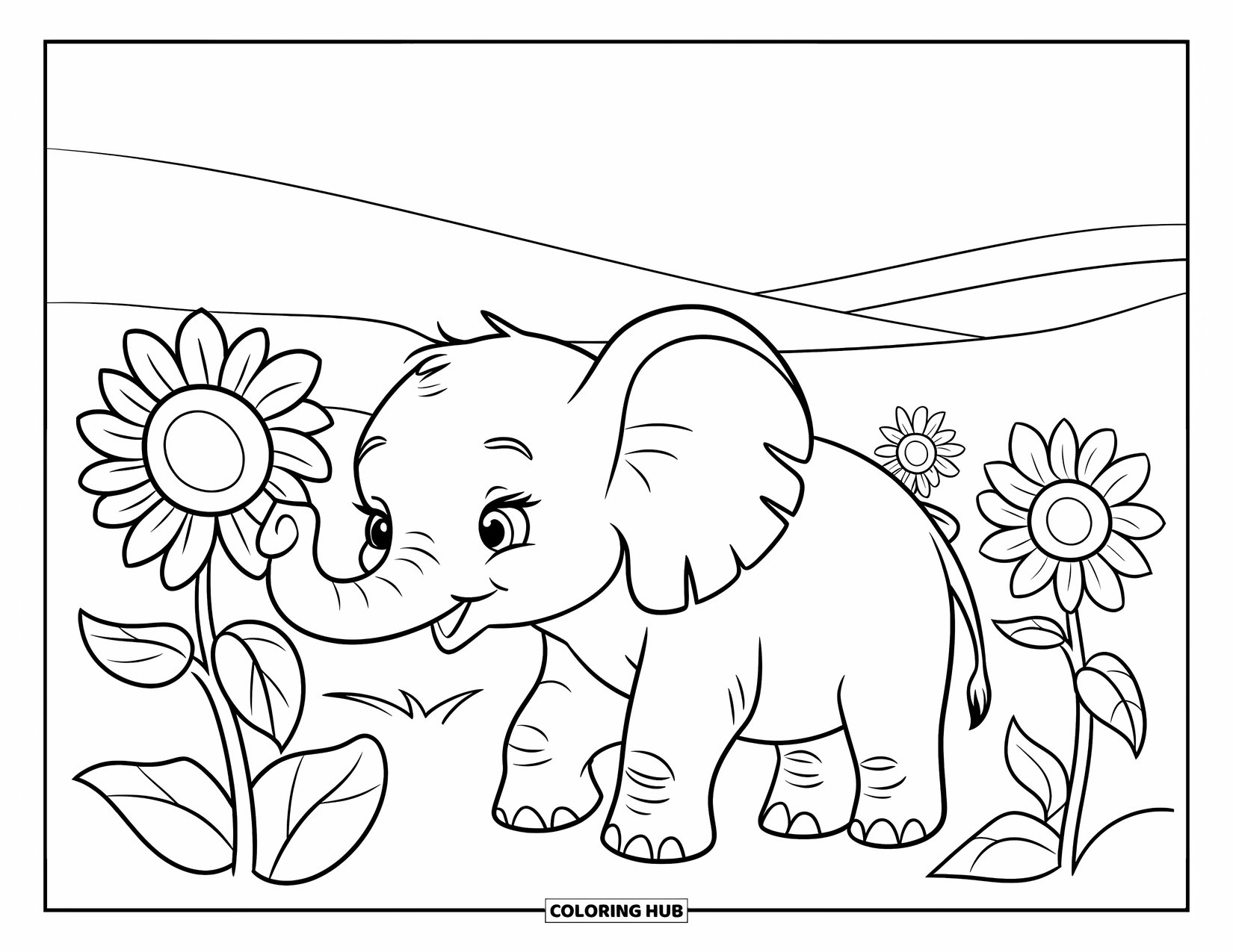Baby Elephant Coloring Page for Kids: Baby elephant stands in a sunflower field with hills and a breezy sky