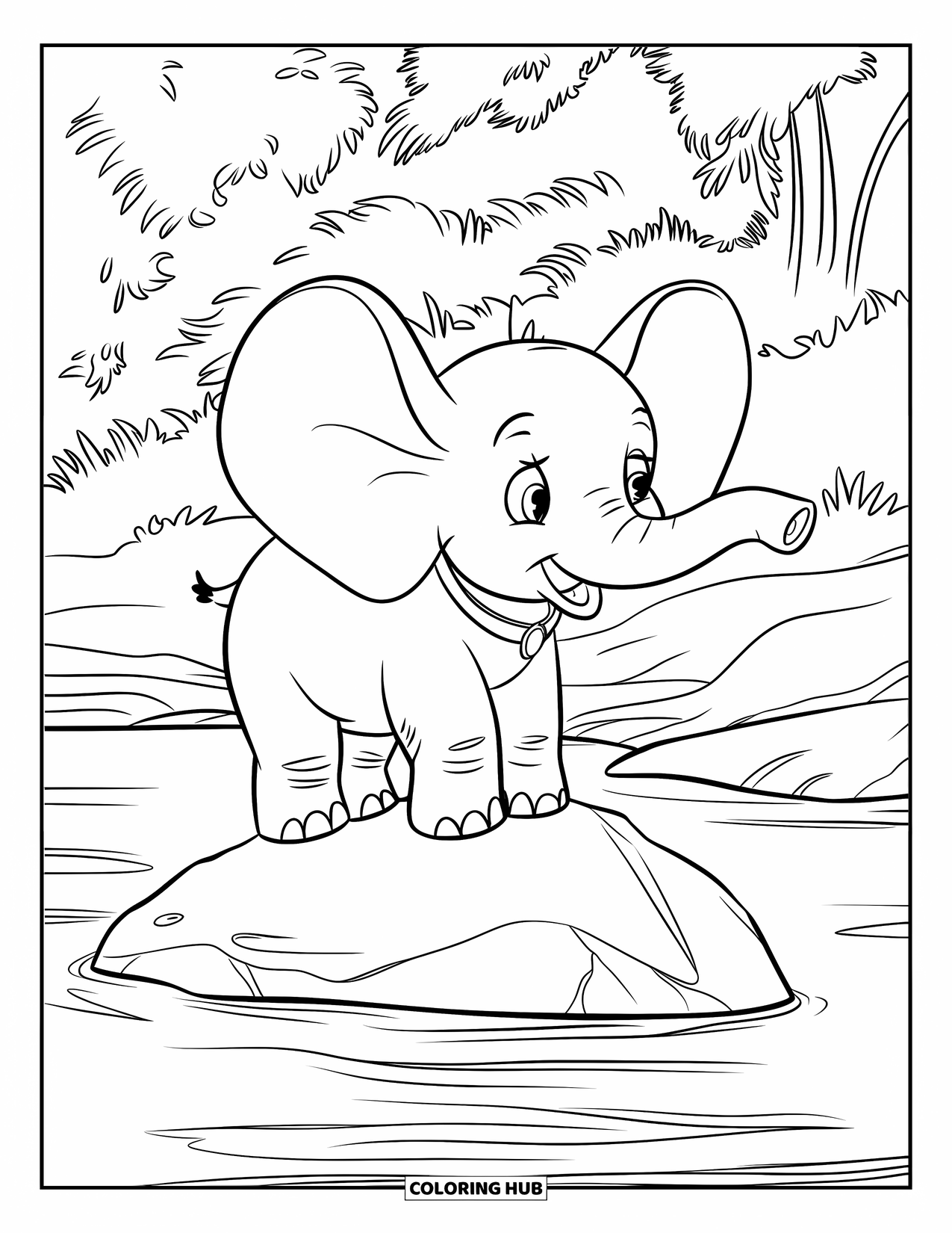 Baby Elephant Coloring Page for Kids: Baby elephant stands on a rock surrounded by calm water and green trees