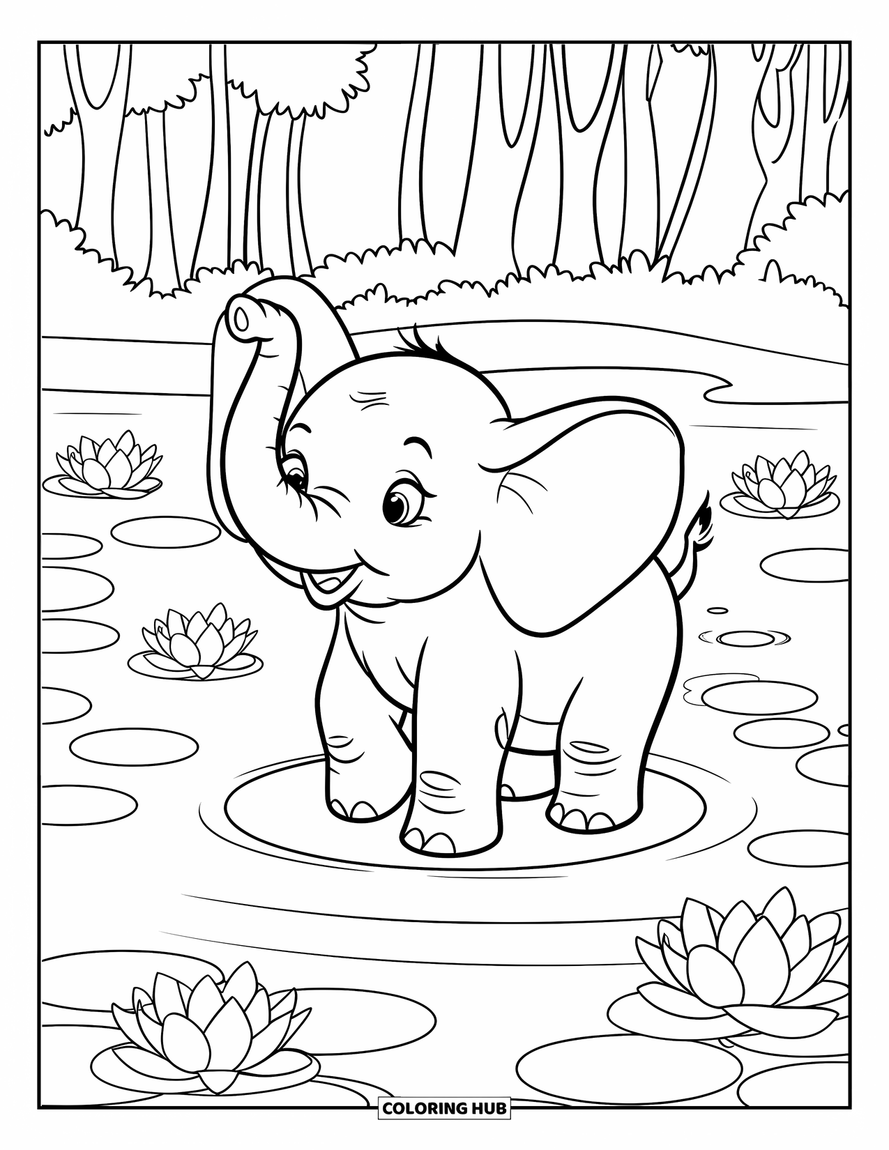 Baby Elephant Coloring Page for Kids: Baby elephant stands on an island among lotus flowers and tall trees