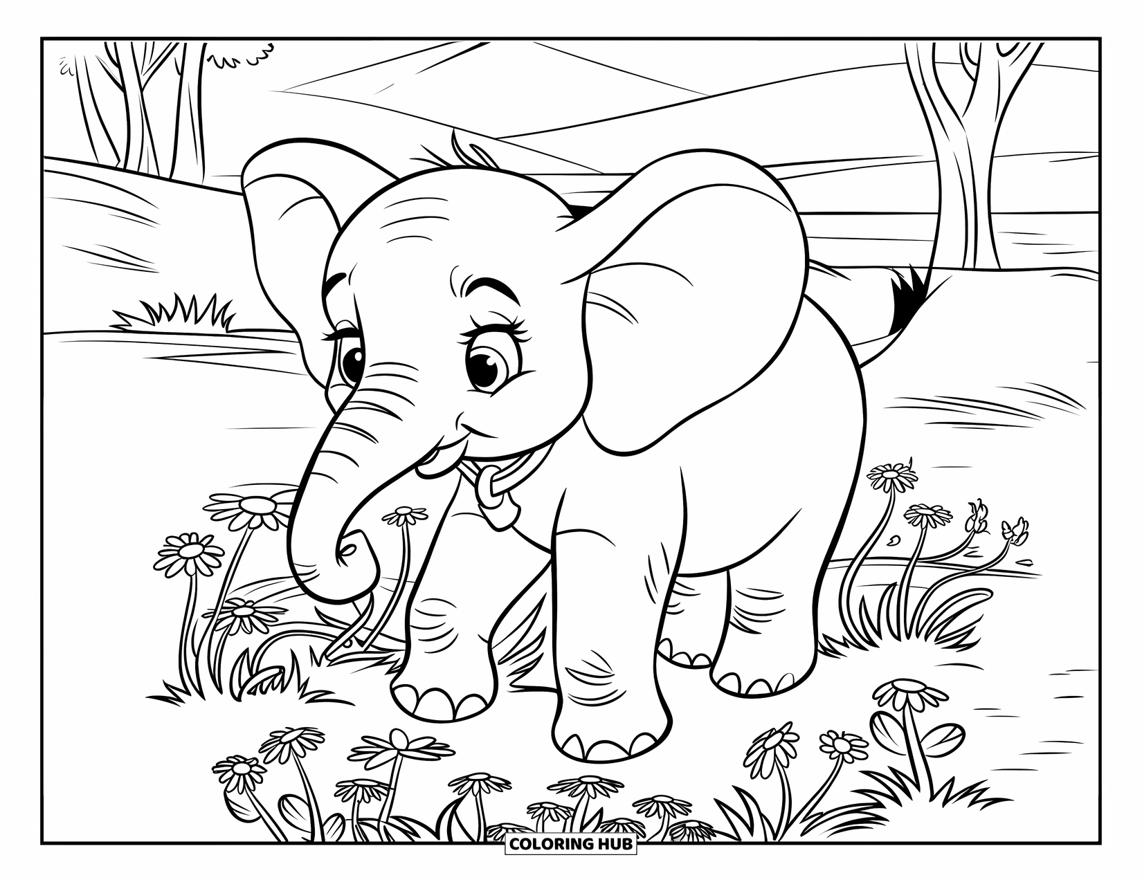 Baby Elephant Coloring Page for Kids: Baby elephant steps gently through blooming wildflowers near calm mountains
