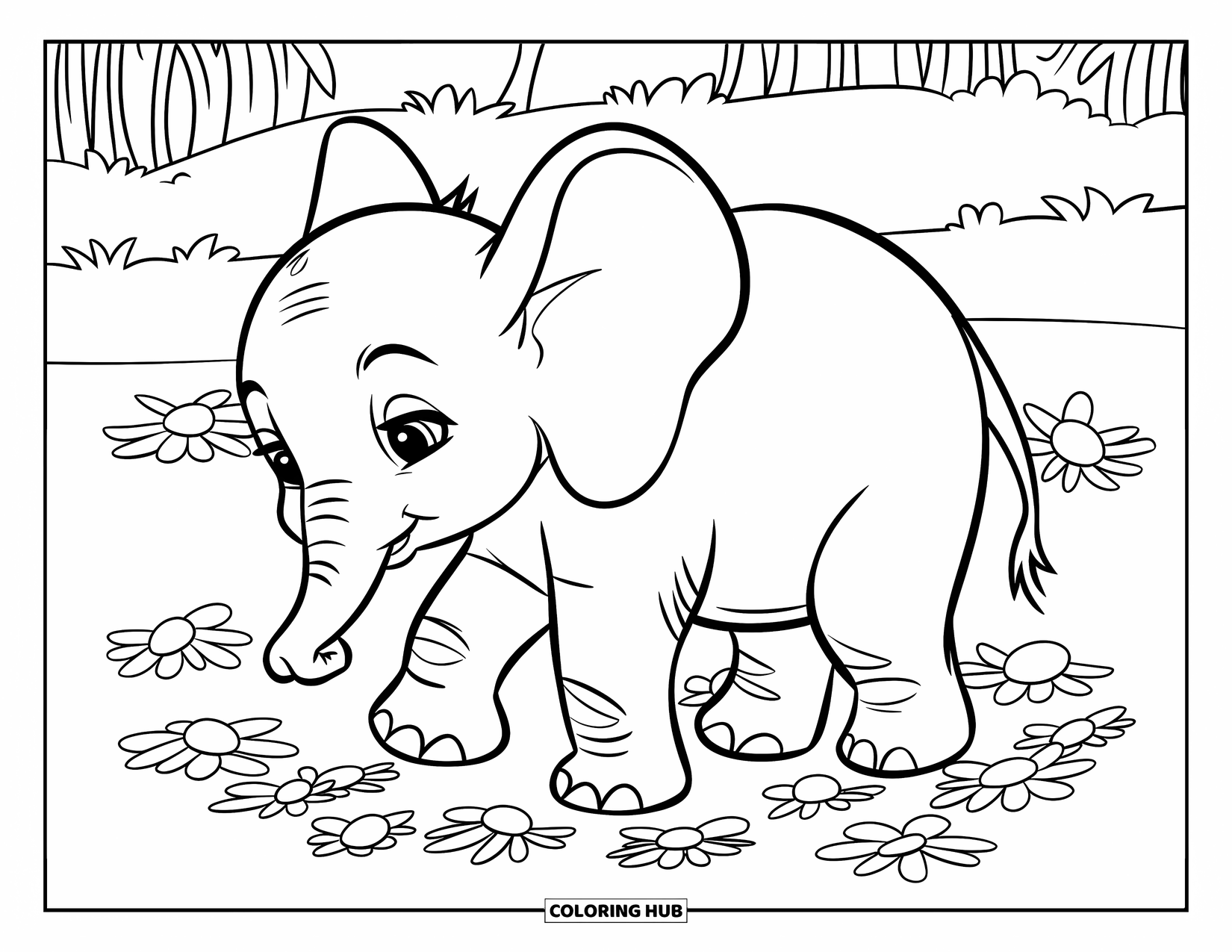 Baby Elephant Coloring Page for Kids: Baby elephant walks softly across a wildflower meadow with trees nearby