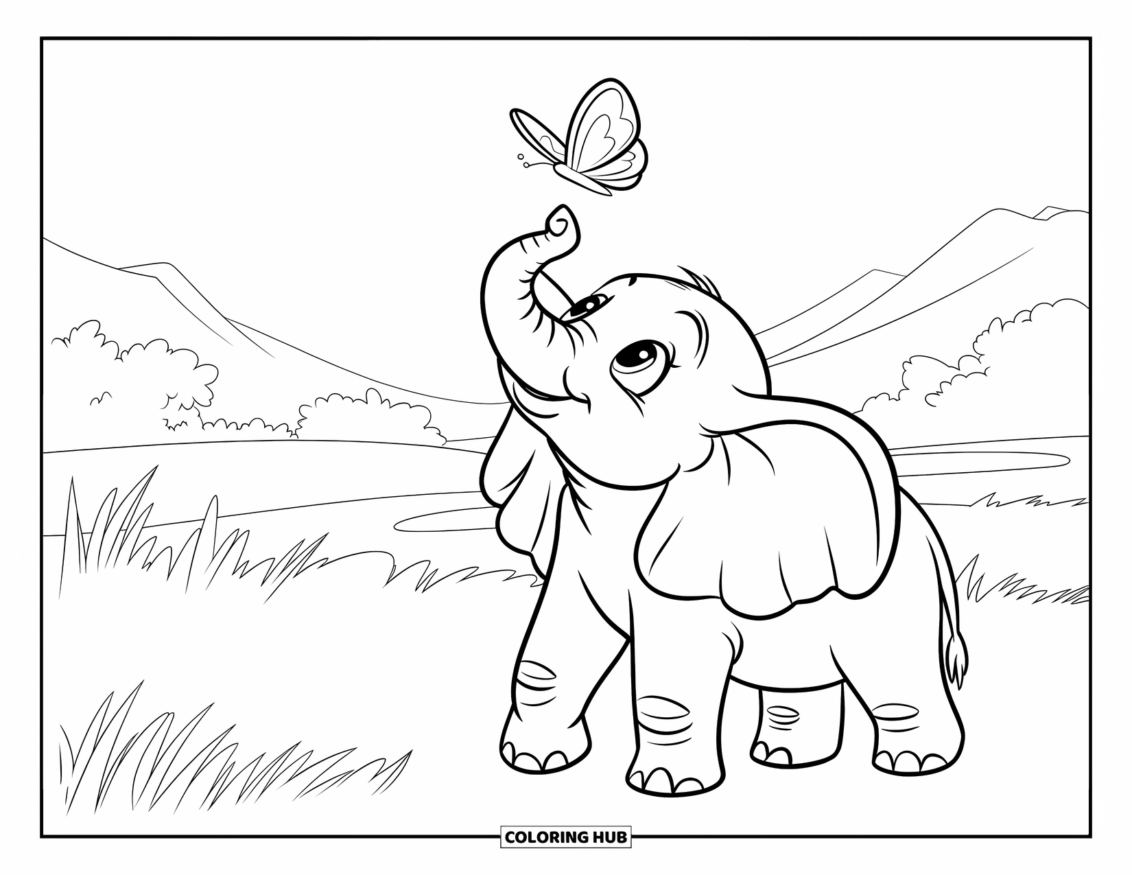 Baby Elephant Coloring Page for Kids: Baby elephant watches a butterfly in a field with mountains and trees