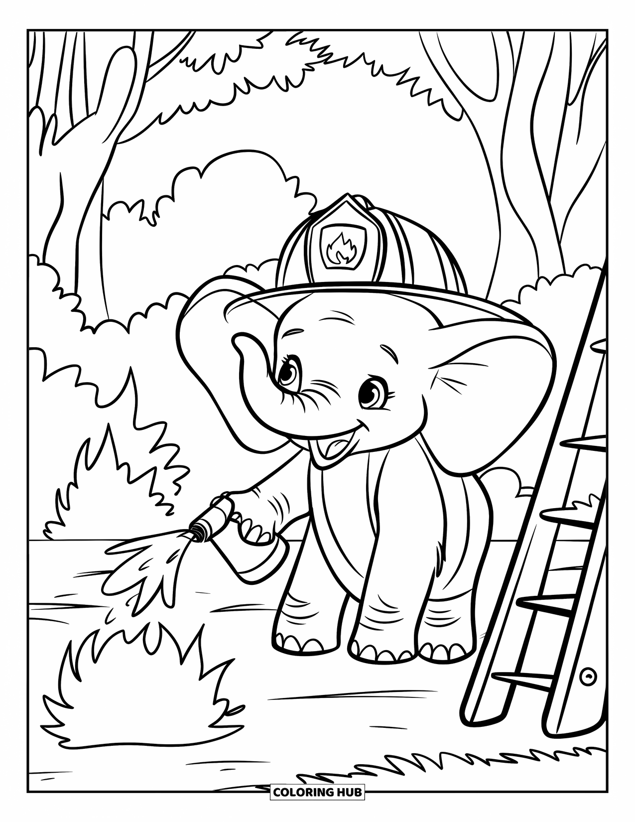 Baby Elephant Coloring Page for Kids: Baby elephant wears a helmet and puts out a bush fire