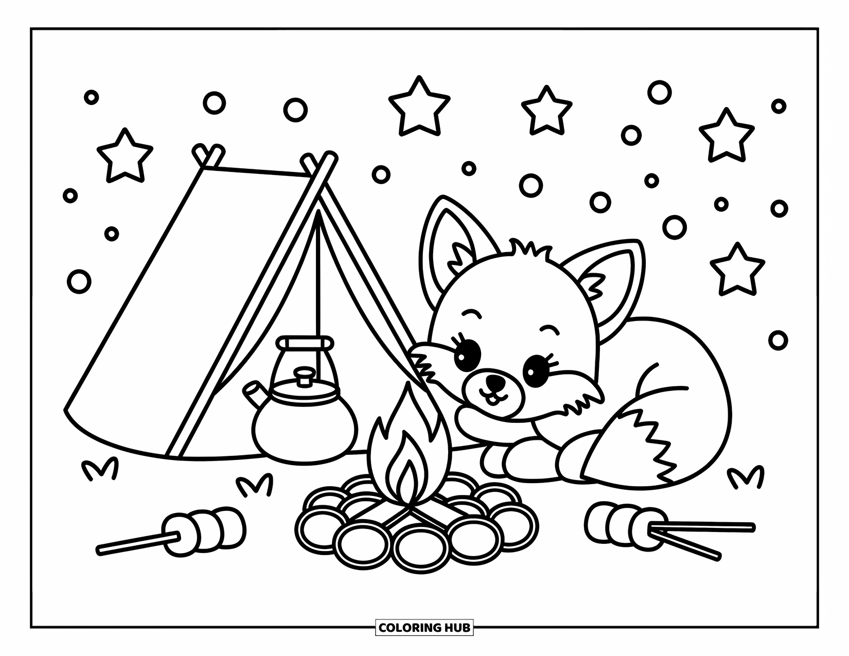 Baby Fox Coloring Page for Adults: A baby fox curls beside a warm campfire, with marshmallows, a kettle, and stars