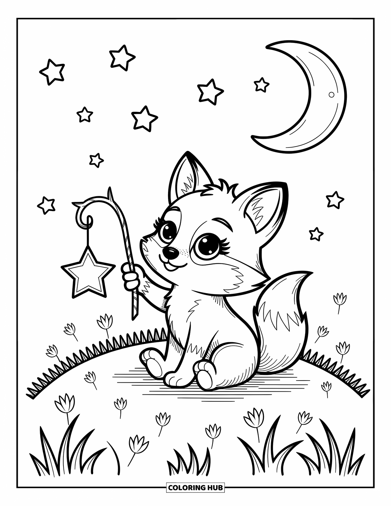 Baby Fox Coloring Page for Adults: A baby fox holds a star lantern while sitting on a grassy hill under kawaii stars