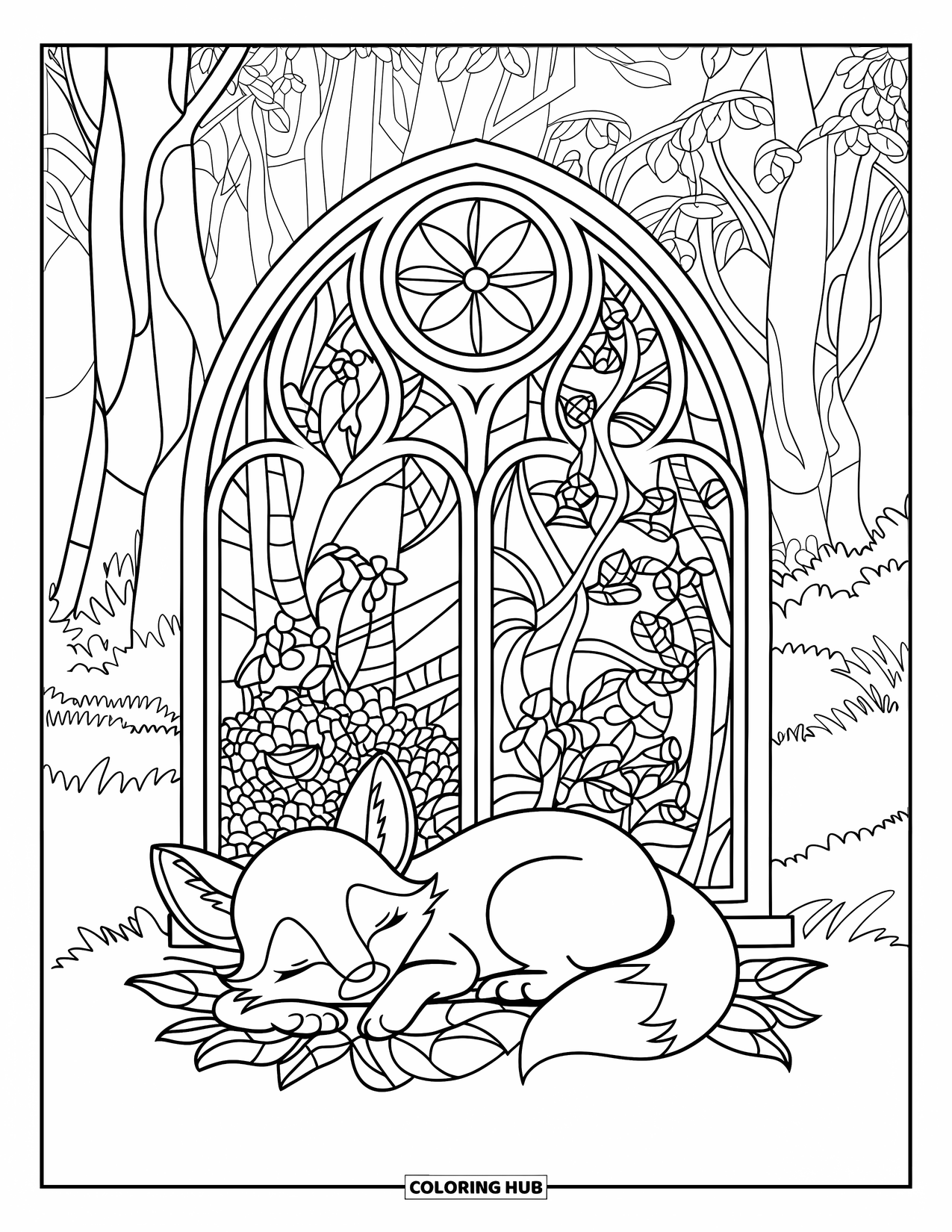 Baby Fox Coloring Page for Adults: A baby fox naps under a stained-glass forest window with leaves and floral designs