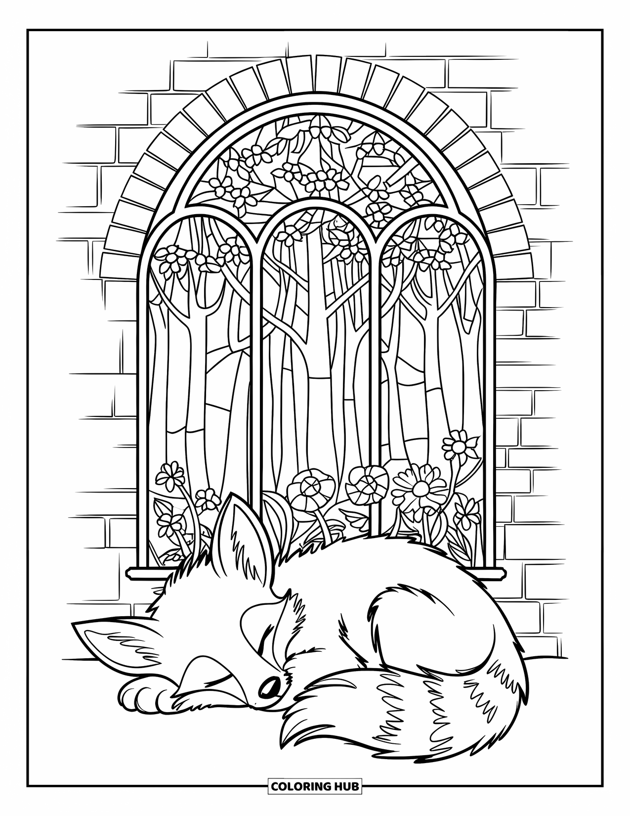 Baby Fox Coloring Page for Adults: A baby fox rests below a flower-filled stained-glass window with a leafy forest scene