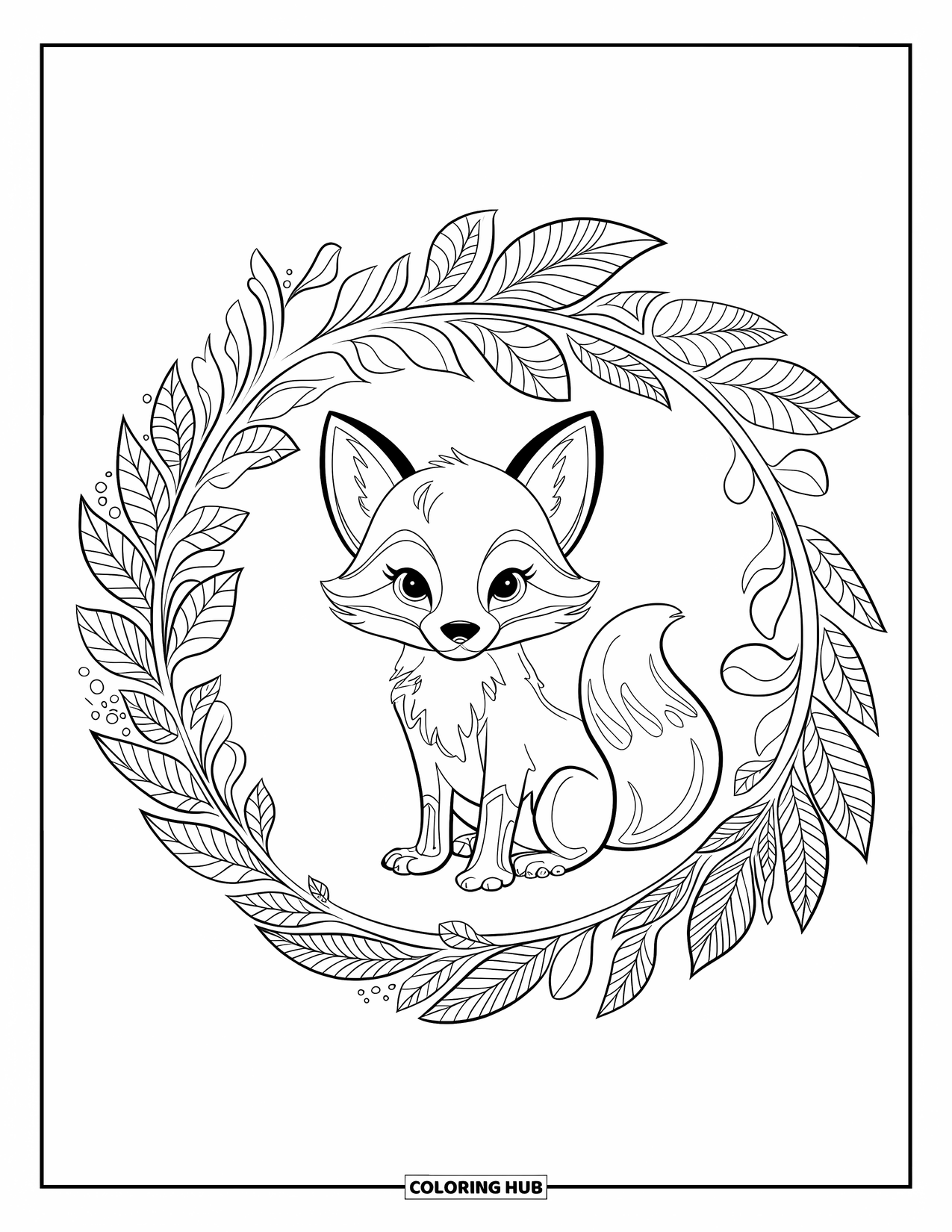 Baby Fox Coloring Page for Adults: A baby fox sits upright inside a leafy circular frame with a peaceful forest feel