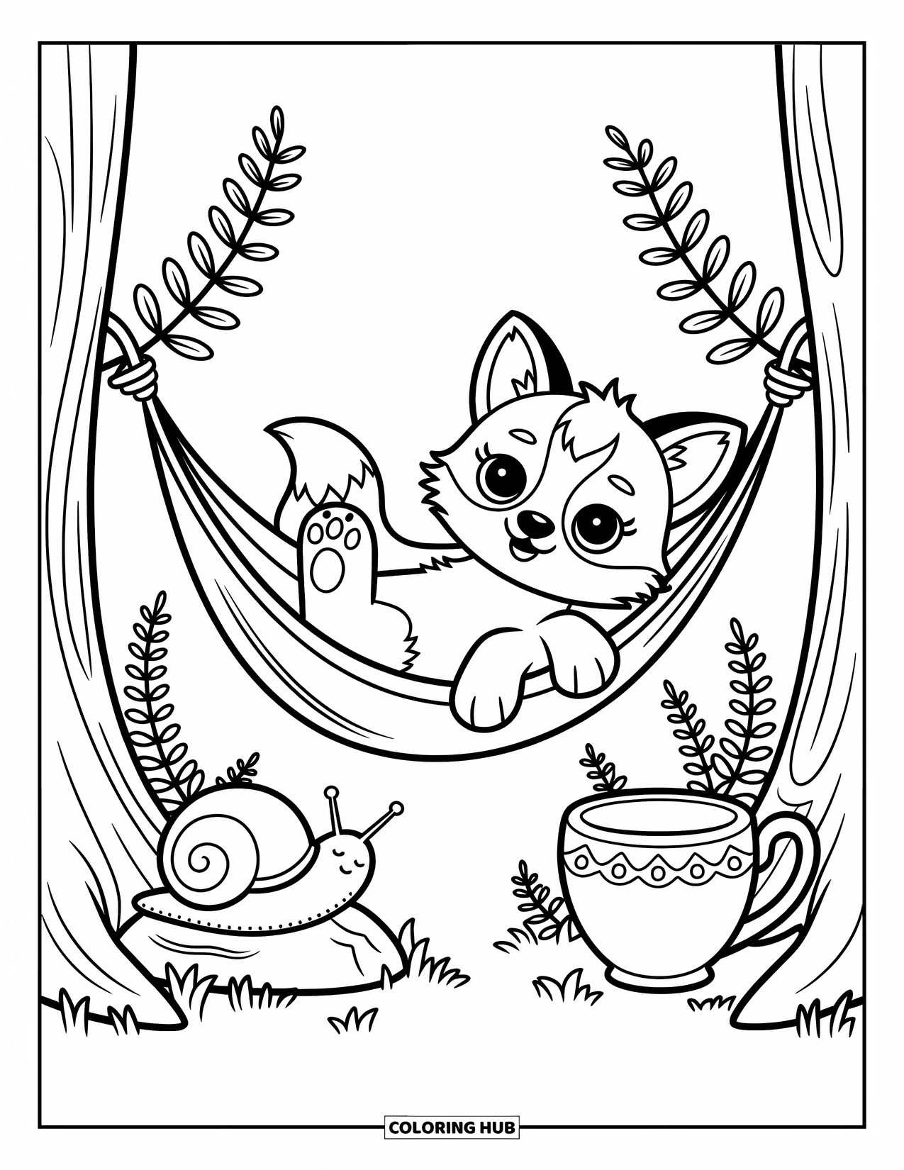 Baby Fox Coloring Page for Adults: A baby fox swings in a hammock with flowers, a snail, and a cozy teacup nearby