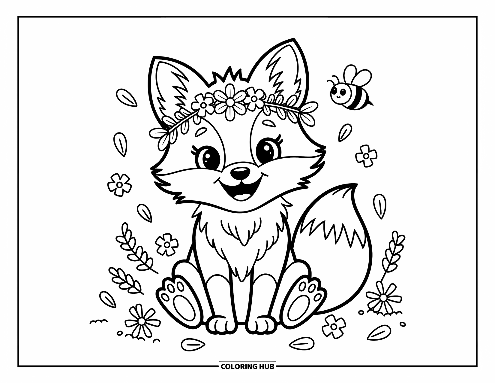 Baby Fox Coloring Page for Adults: A cheerful fox with a flower crown sits among flowers, twigs, and a floating bee