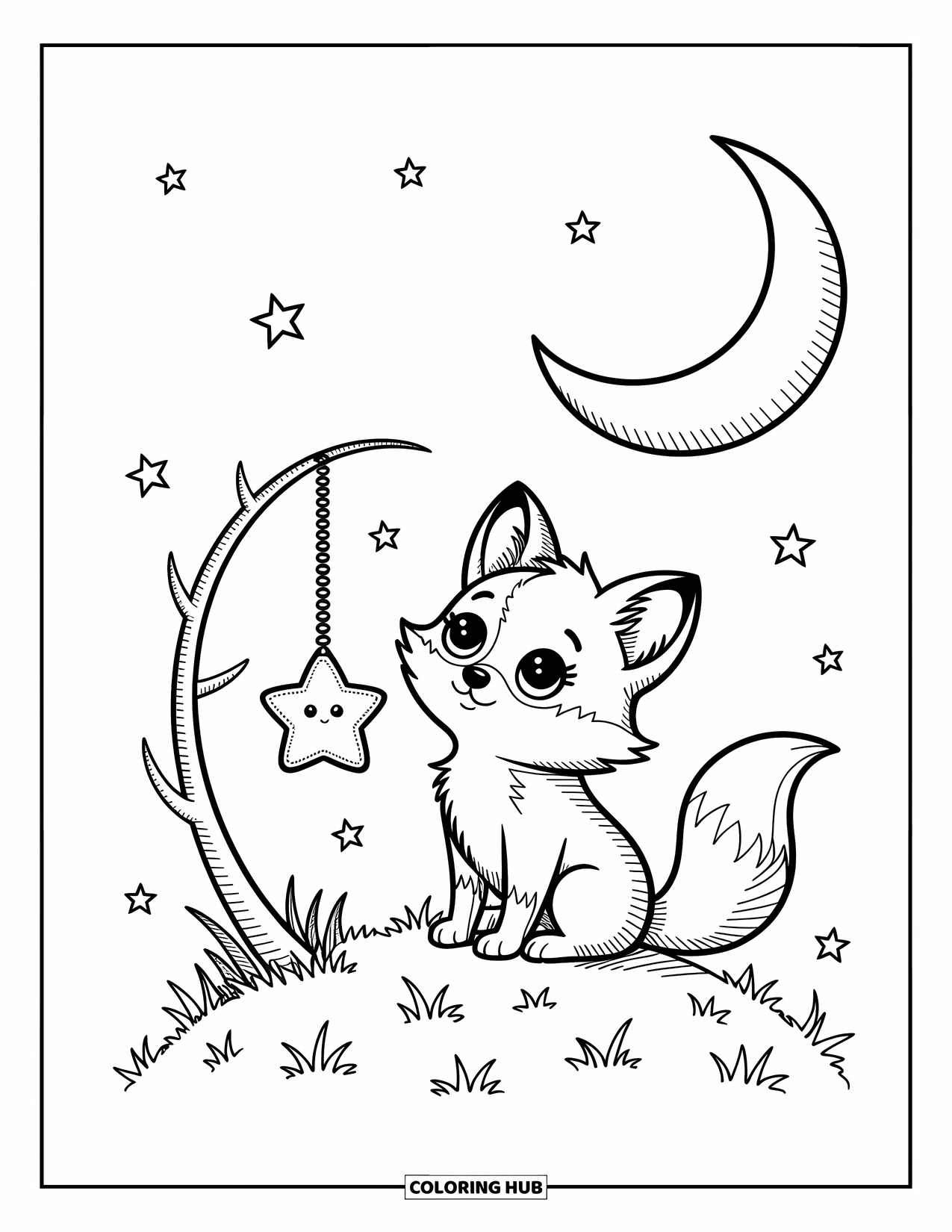 Baby Fox Coloring Page for Adults: A curious fox holds a star lantern and gazes at the moon and twinkling stars