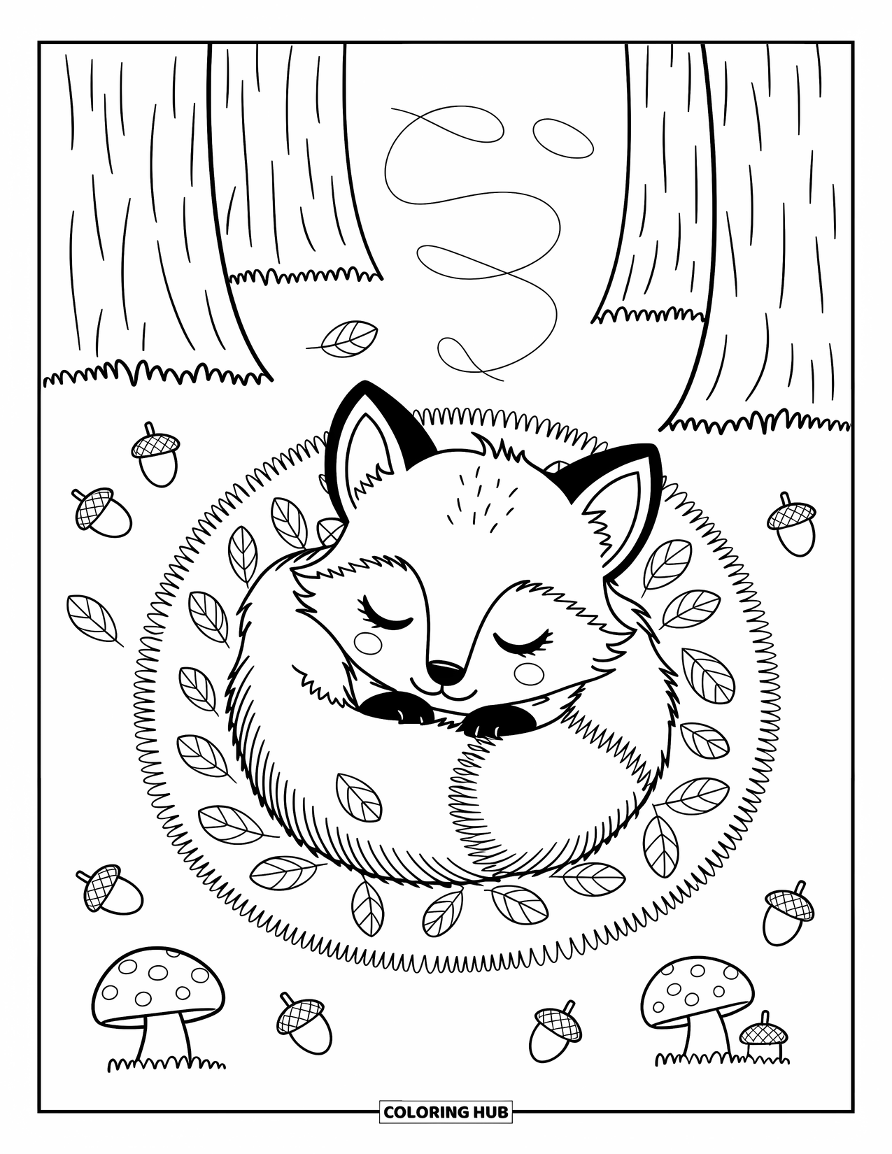 Baby Fox Coloring Page for Adults: A curled fox sleeps in a pile of leaves with mushrooms, acorns, and drifting autumn air