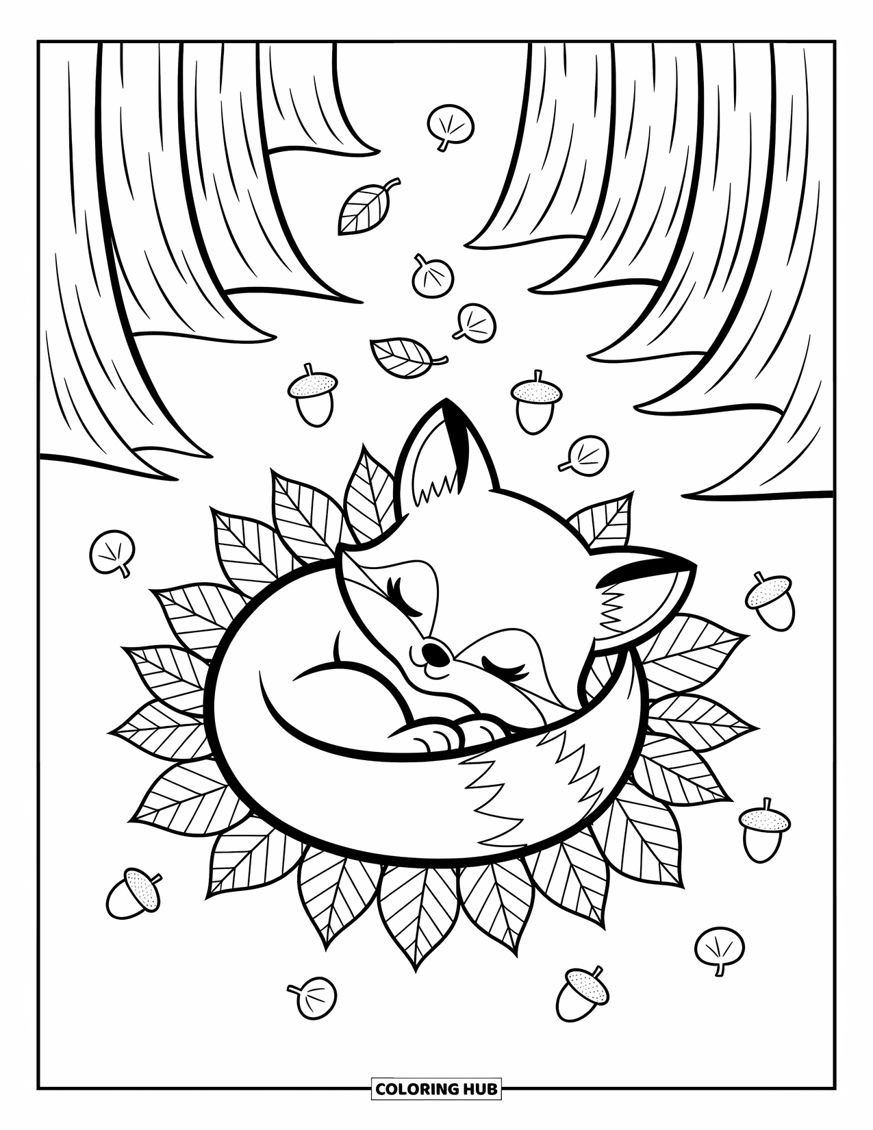 Baby Fox Coloring Page for Adults: A fox rests in cozy leaves, its tail tucked in, with a breeze carrying more down