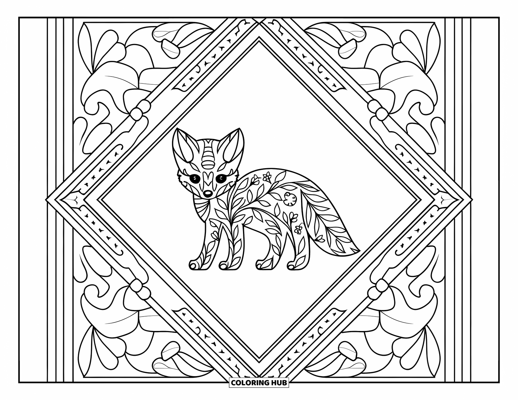 Baby Fox Coloring Page for Adults: A fox silhouette filled with floral linework sits inside a detailed diamond layout