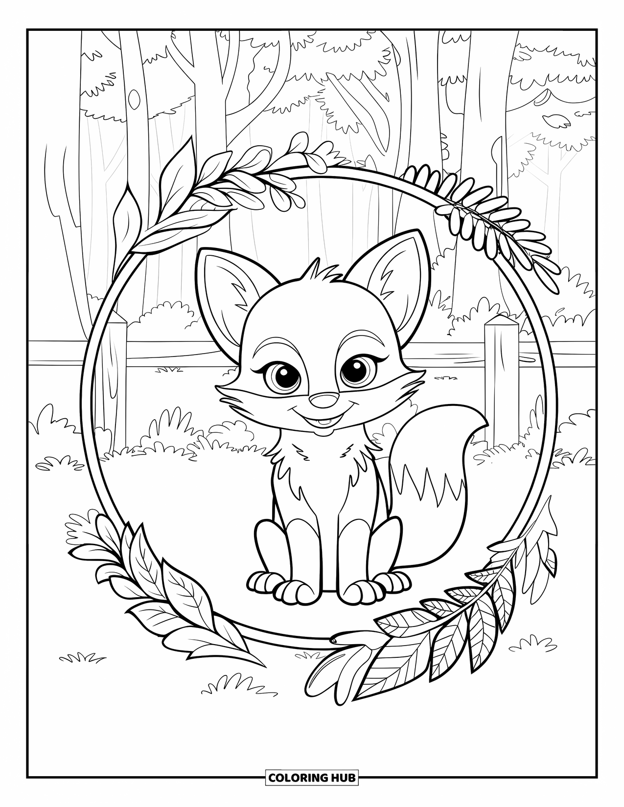 Baby Fox Coloring Page for Adults: A fox sits inside a circle of forest patterns with trees and a wooden fence nearby