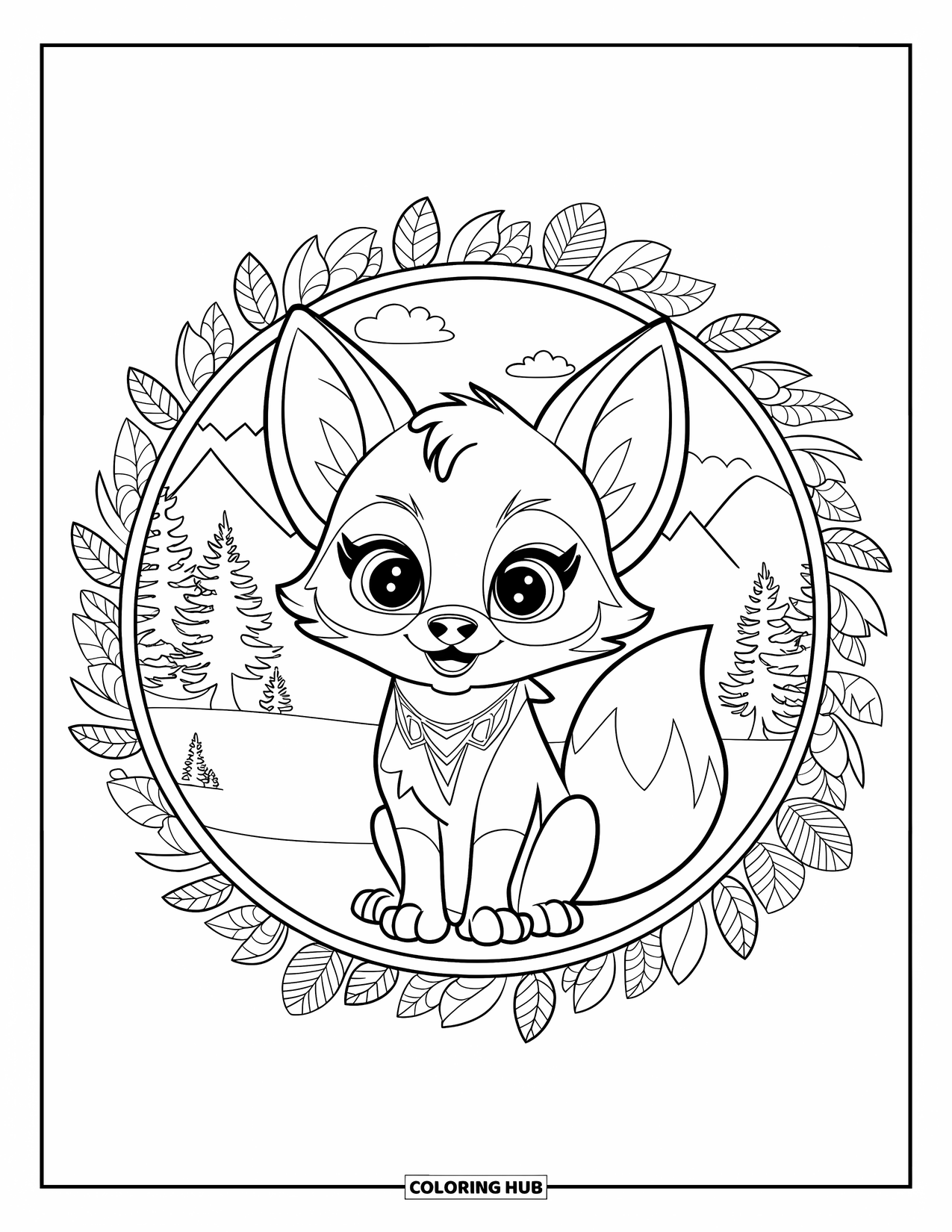 Baby Fox Coloring Page for Adults: A fox with expressive eyes sits in a circular frame with trees, leaves, and mountains