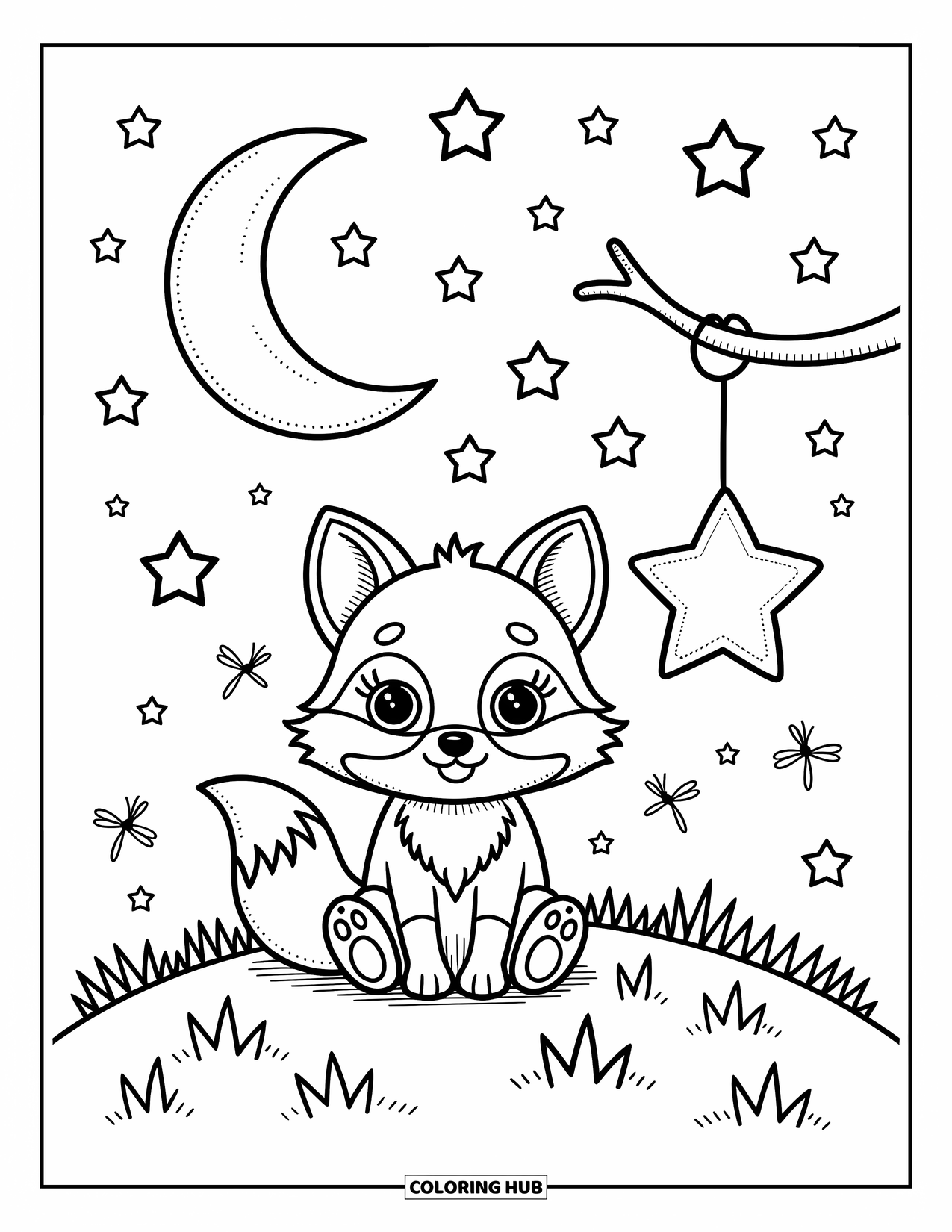 Baby Fox Coloring Page for Adults: A little fox with a lantern sits under a crescent moon and a sky full of stars