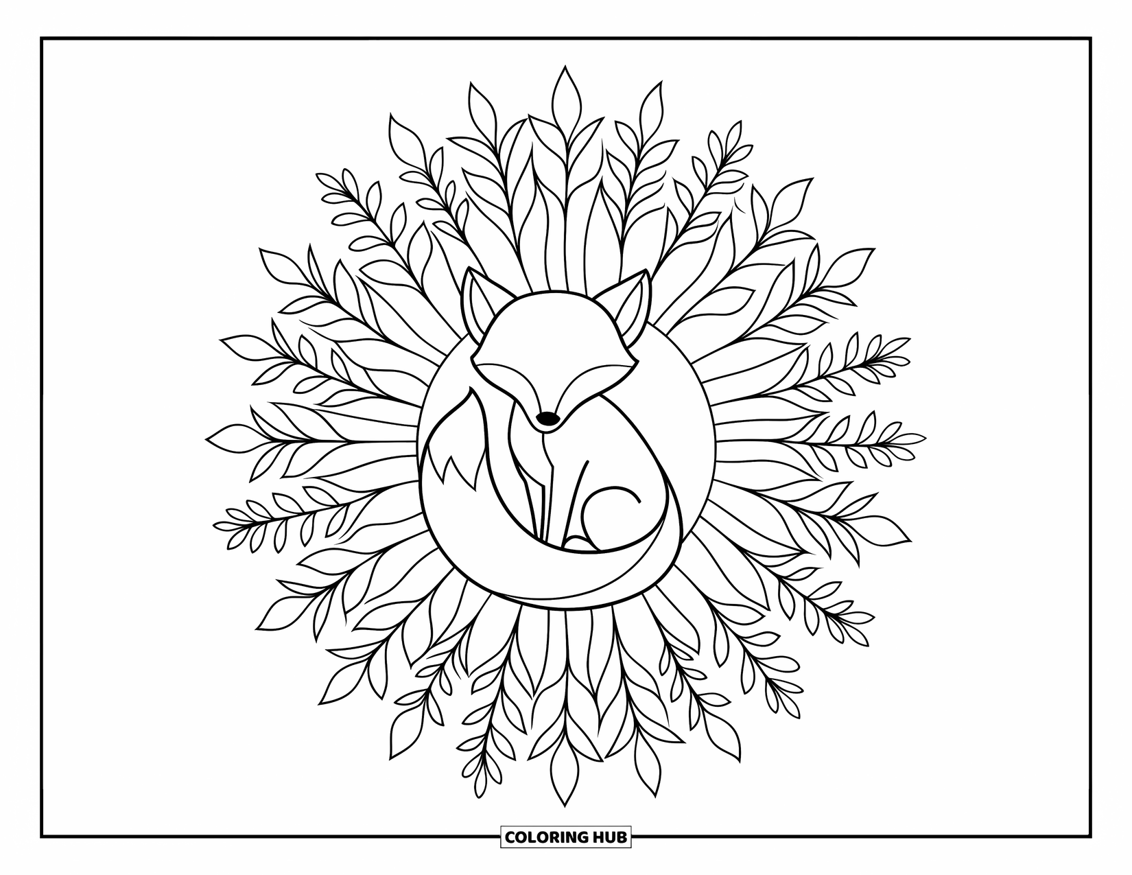 Baby Fox Coloring Page for Adults: A peaceful baby fox lies in the center of a plant-filled stained-glass starburst