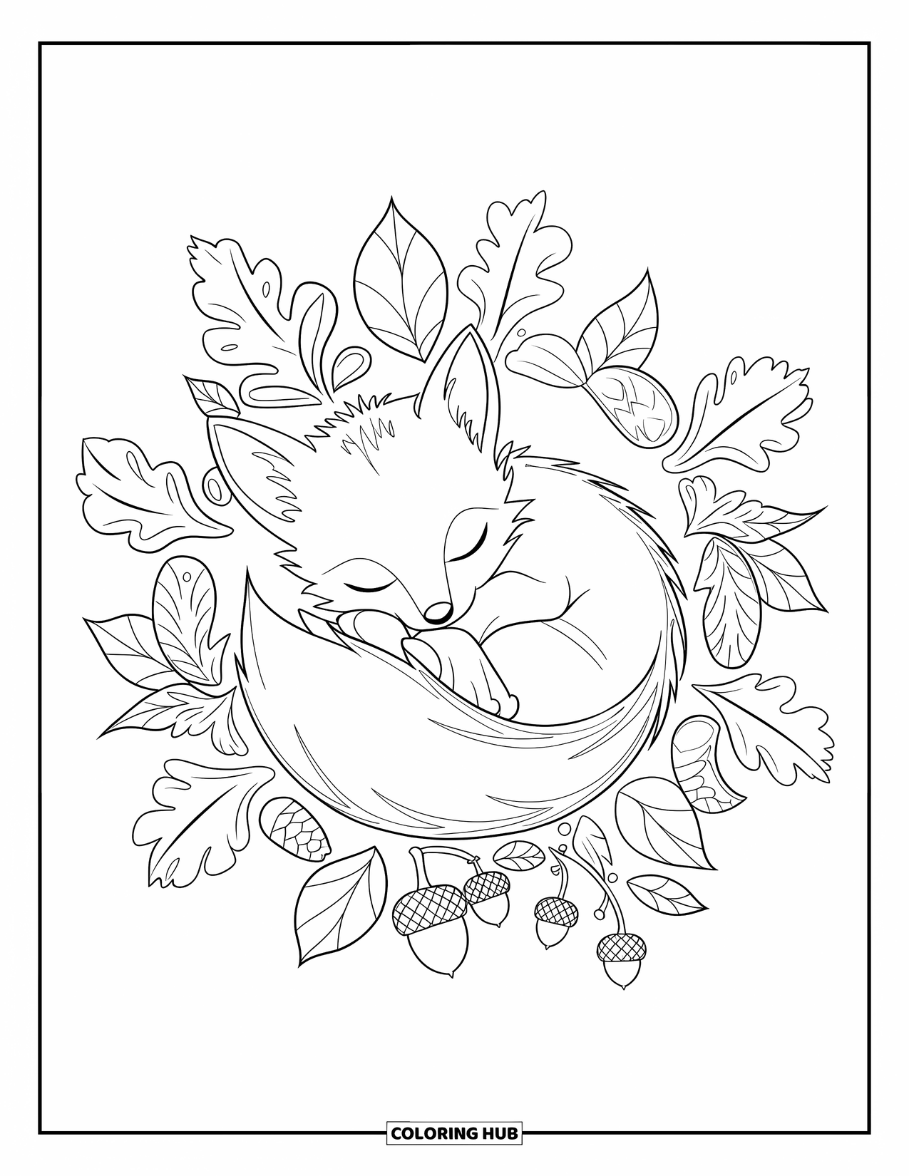 Baby Fox Coloring Page for Adults: A peaceful fox curls up in the middle of a leafy, acorn-filled mandala