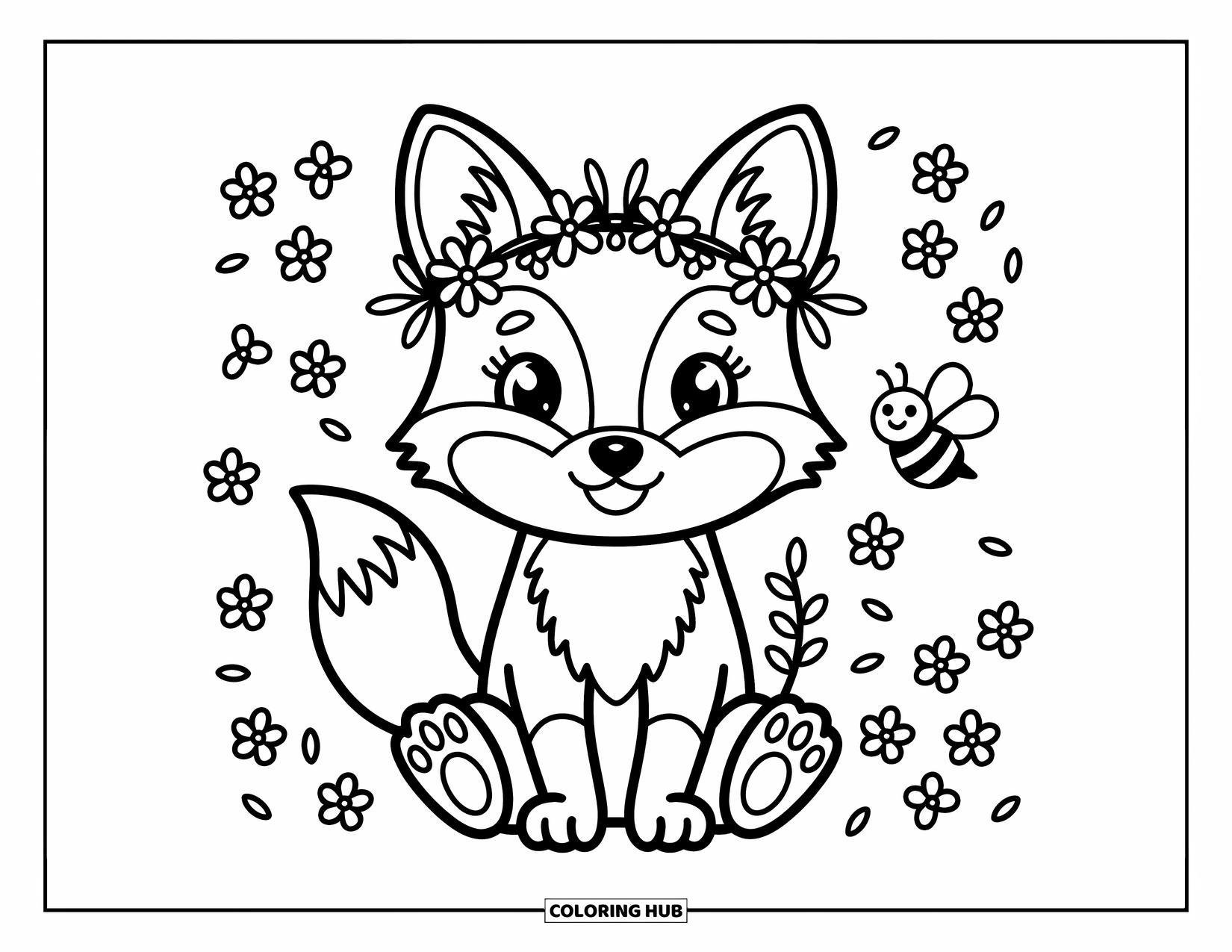 Baby Fox Coloring Page for Adults: A proud little fox with a flower crown smiles beside flowers, twigs, and a buzzing bee