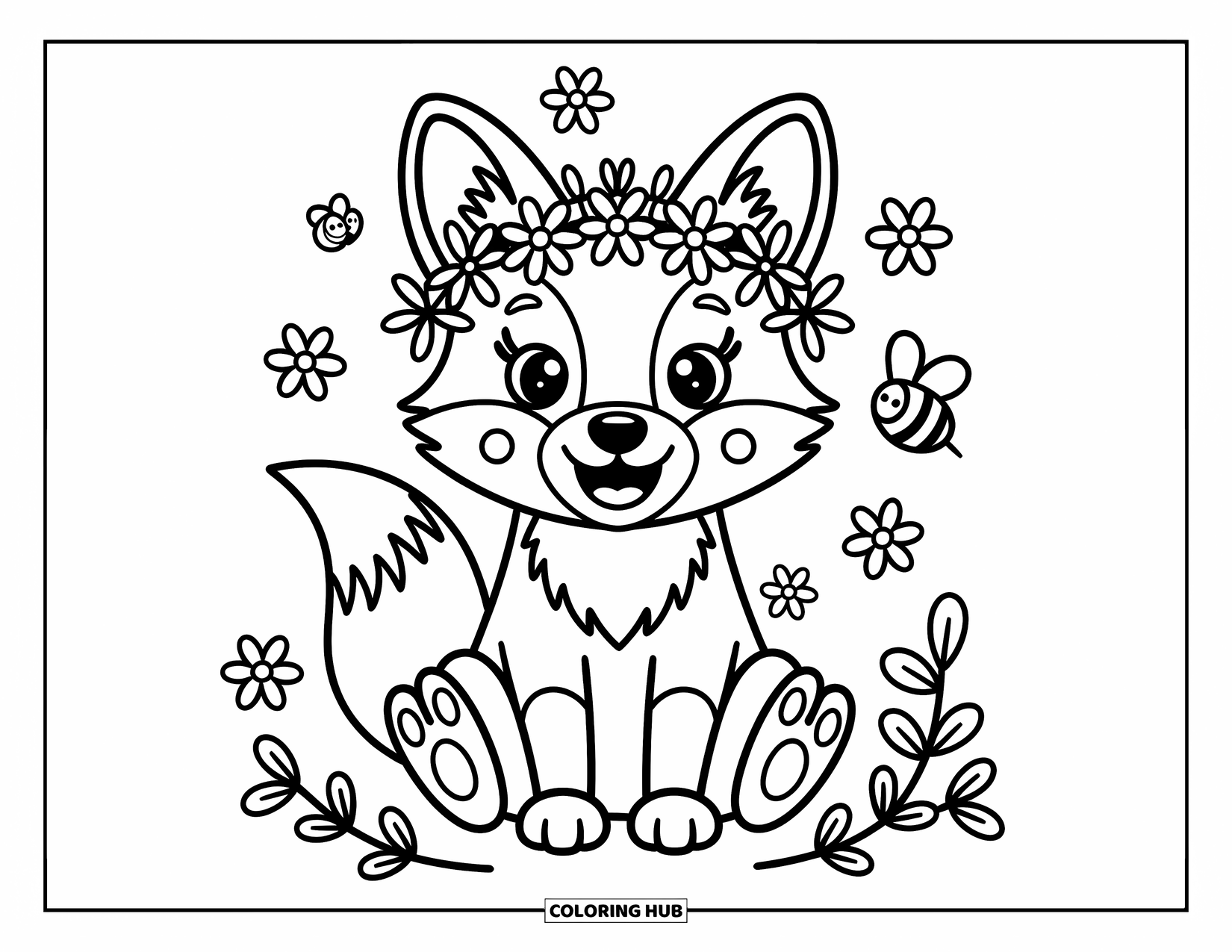Baby Fox Coloring Page for Adults: A smiling fox wears a flower crown, surrounded by blossoms, twigs, and a curious bee