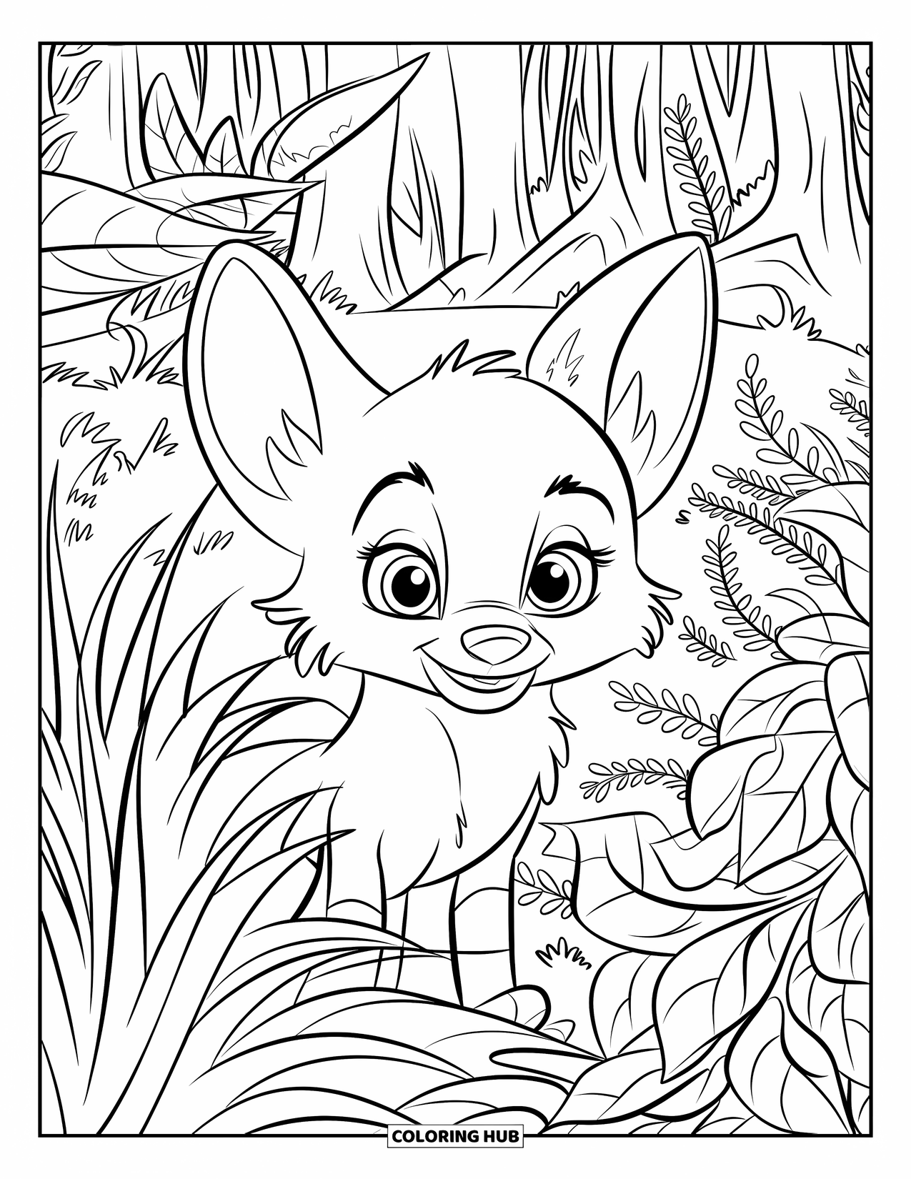 Baby Fox Coloring Page for Kids: A baby fox peeks from tall grass and plants in a lush forest