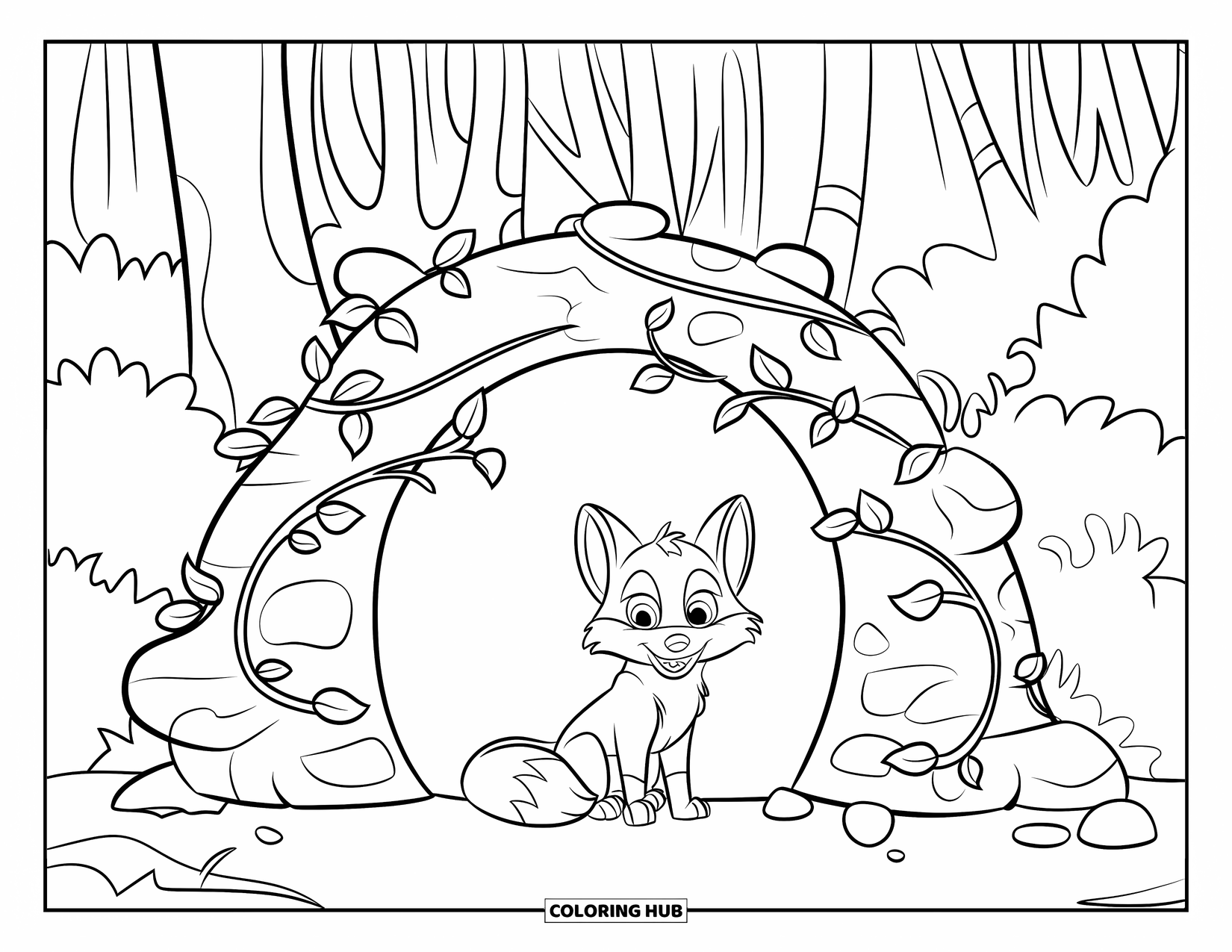 Baby Fox Coloring Page for Kids: A baby fox sits beside a round vine-covered den deep in the forest