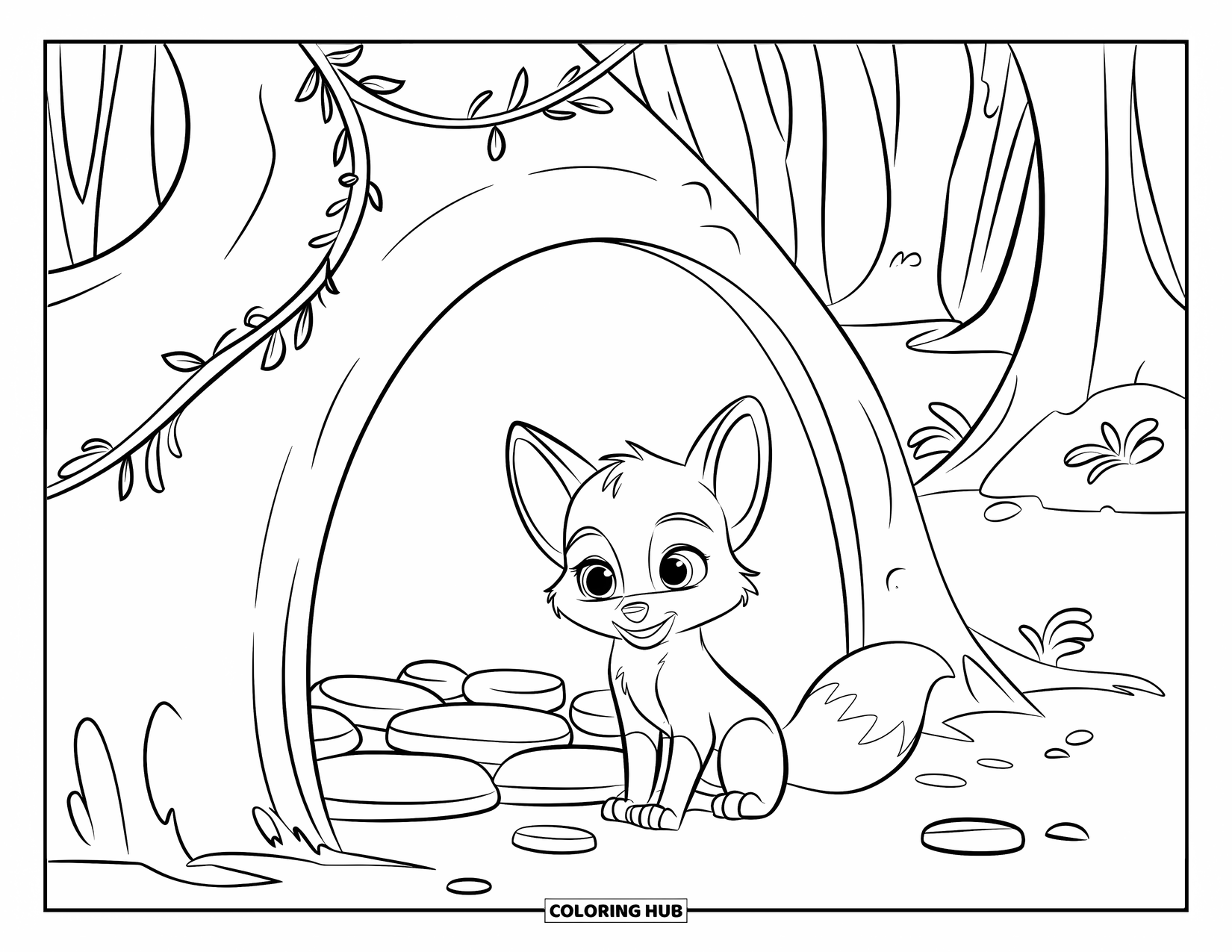 Baby Fox Coloring Page for Kids: A baby fox sits quietly beside a vine-covered den with forest trees around