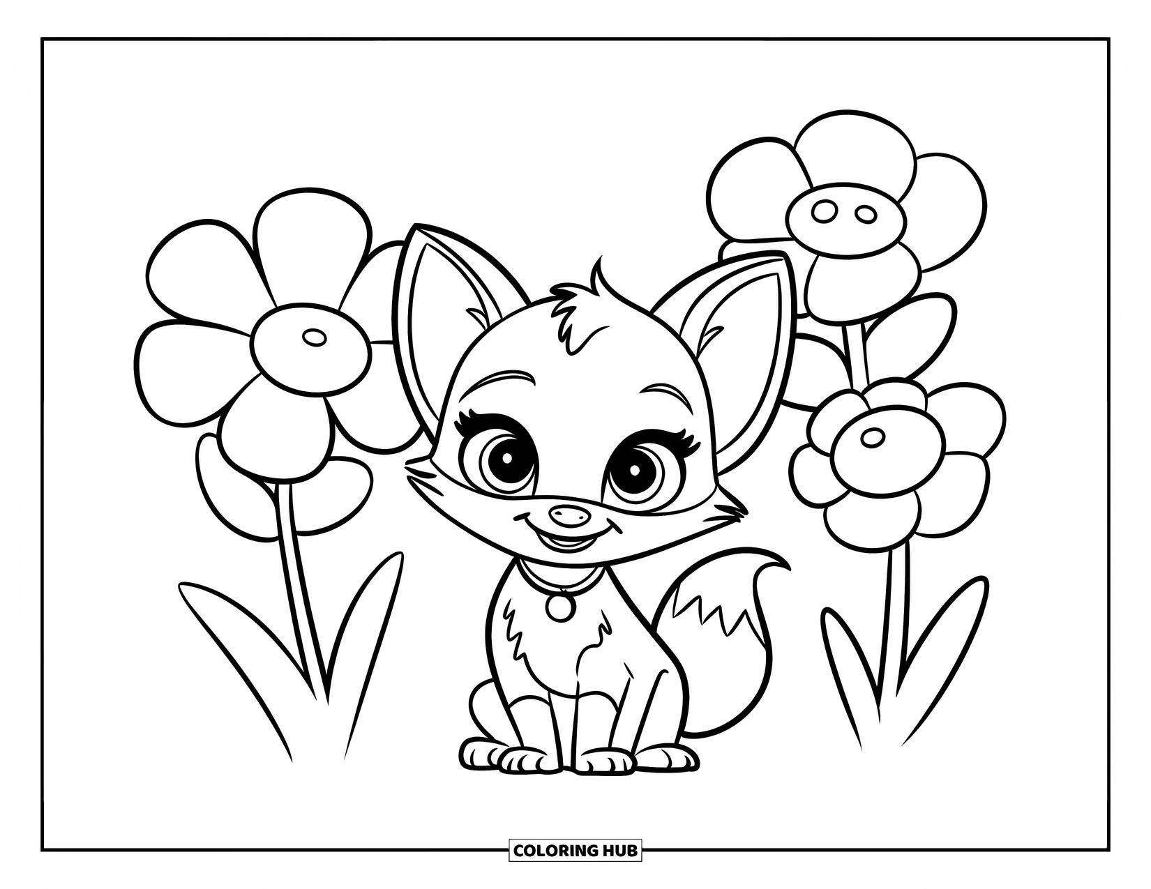 Baby Fox Coloring Page for Kids: A baby fox with a collar sits between three big flowers with fun shapes