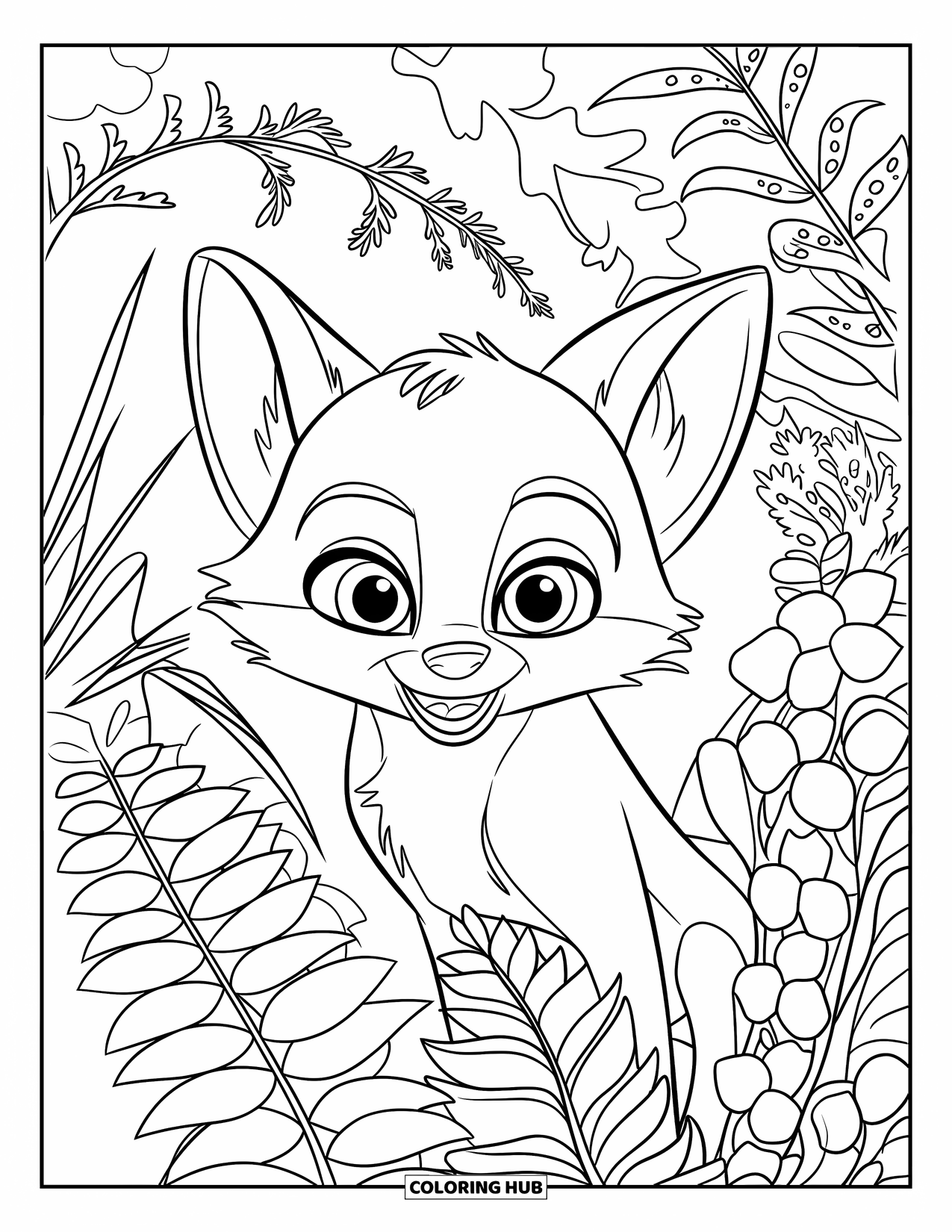 Baby Fox Coloring Page for Kids: A baby fox with perked ears peeks through tall ferns and blooming forest plants