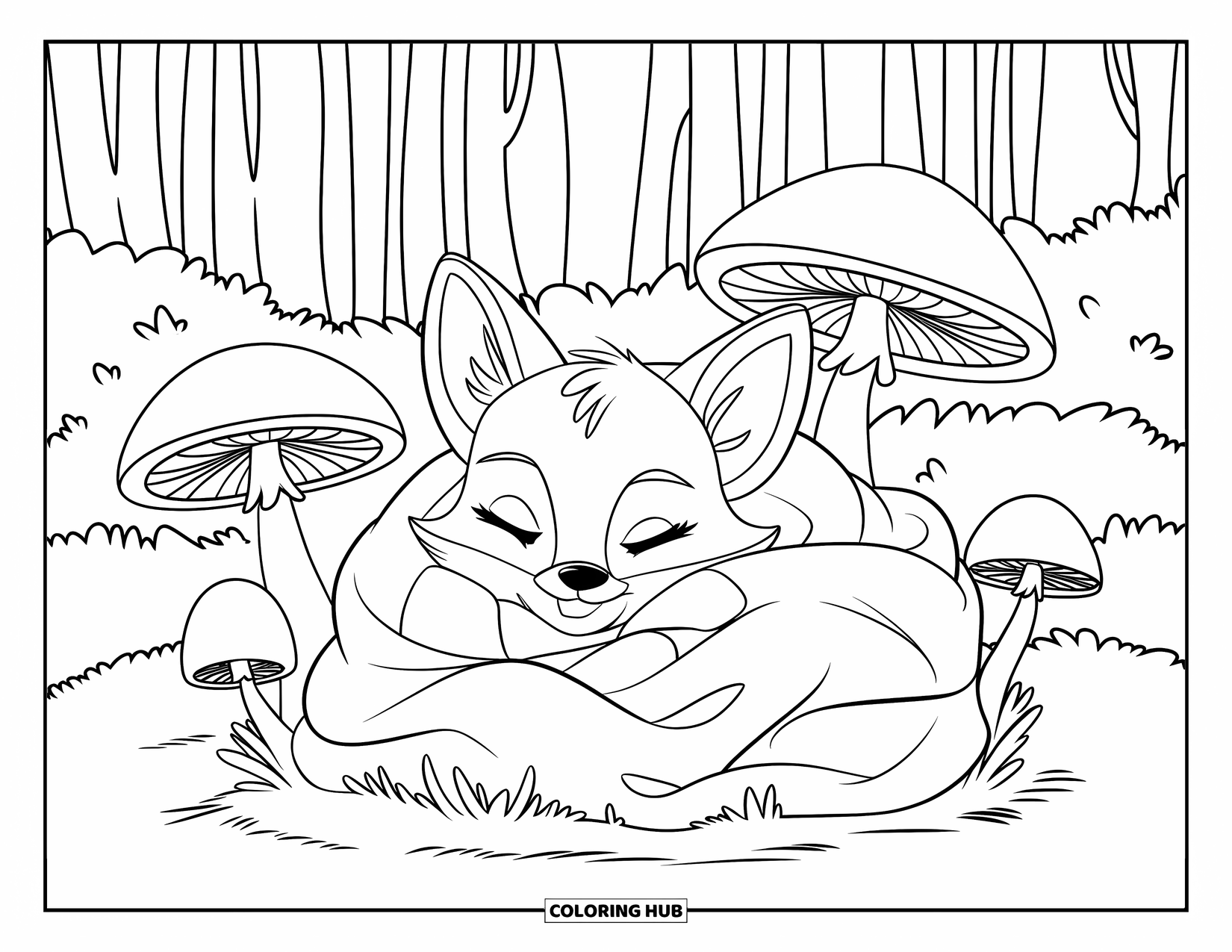 Baby Fox Coloring Page for Kids: A baby fox wrapped in a blanket rests on moss with glowing mushrooms nearby