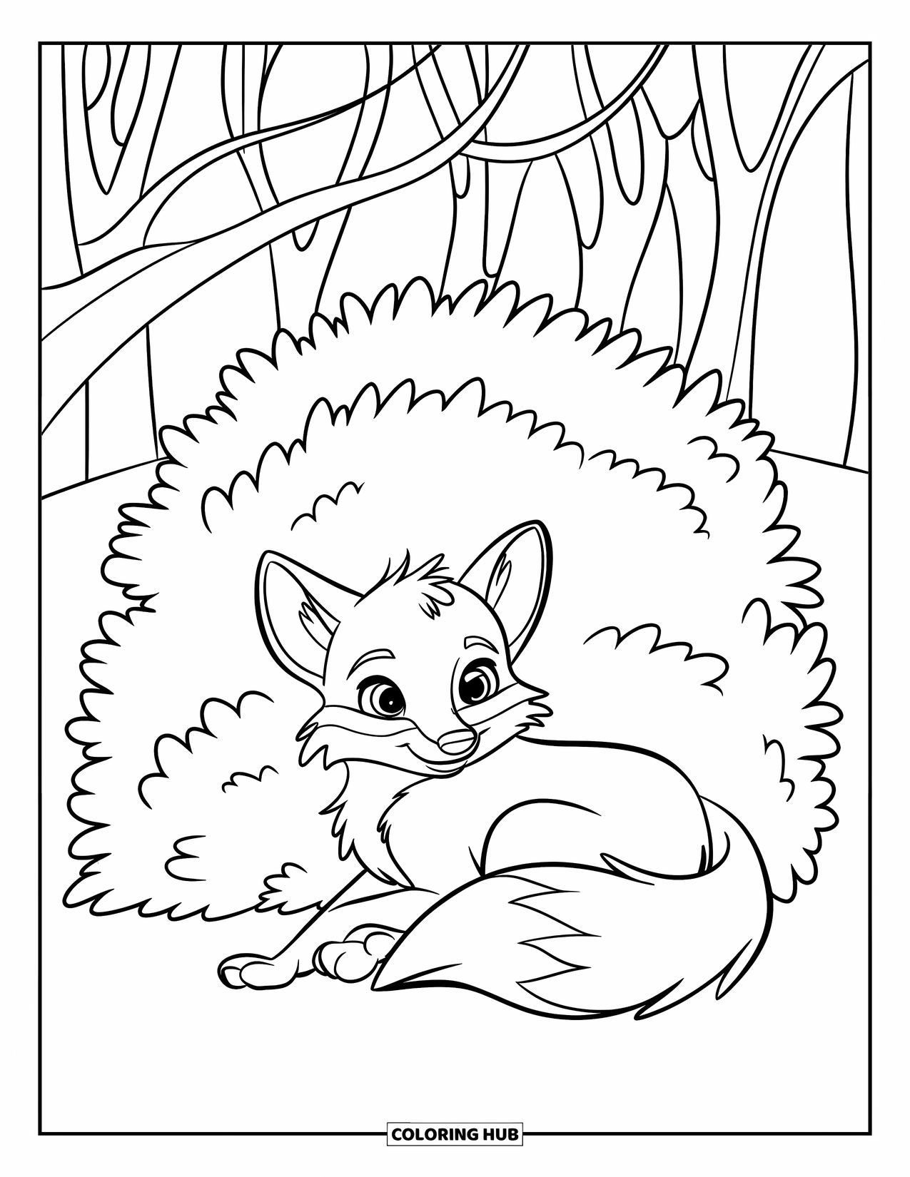 Baby Fox Coloring Page for Kids: A cozy fox sleeps under gentle branches in a quiet forest clearing