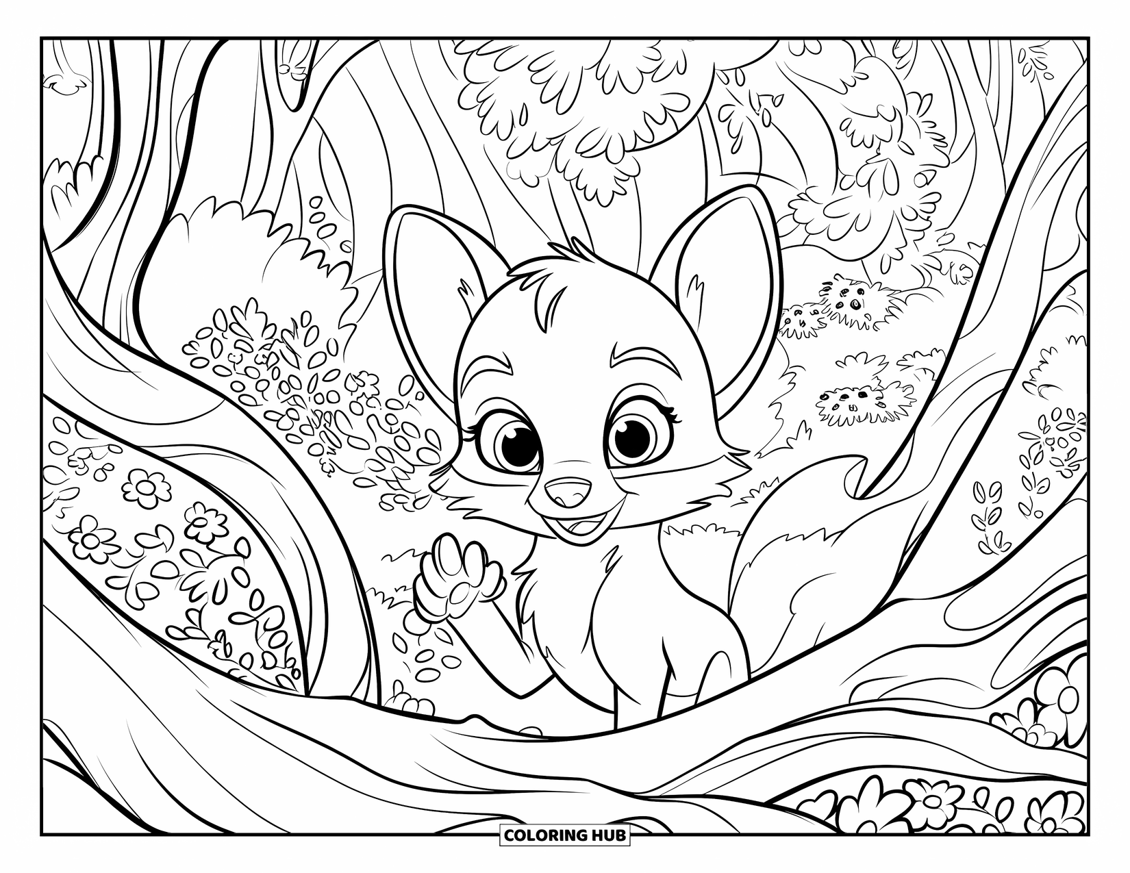 Baby Fox Coloring Page for Kids: A curious baby fox peeks out from dense branches with wide eyes and raised paws