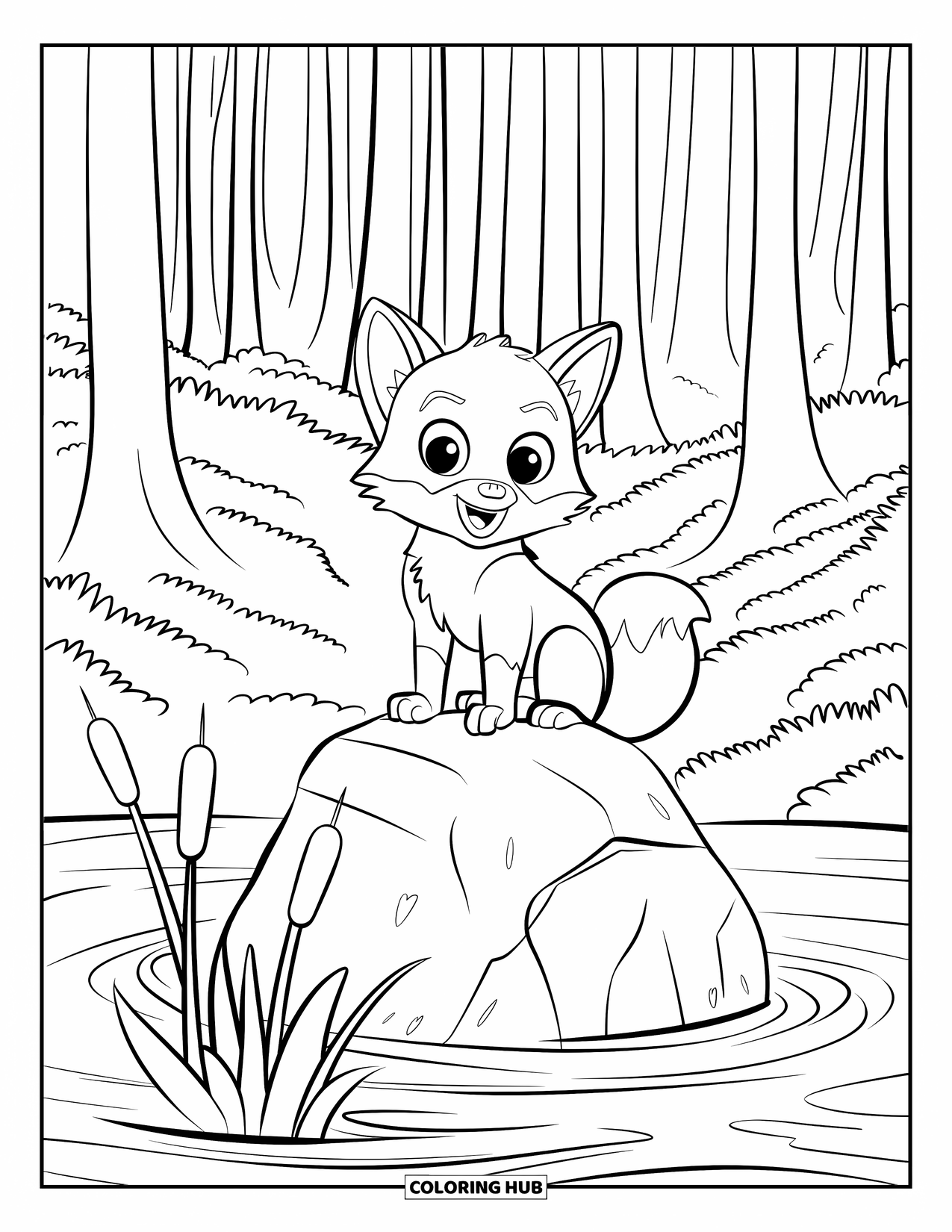 Baby Fox Coloring Page for Kids: A curious baby fox sits on a forest rock near a stream and greenery
