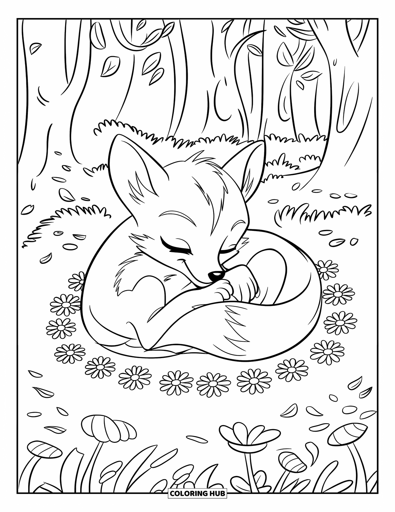 Baby Fox Coloring Page for Kids: A curled-up baby fox rests on a flower bed while leaves twirl nearby
